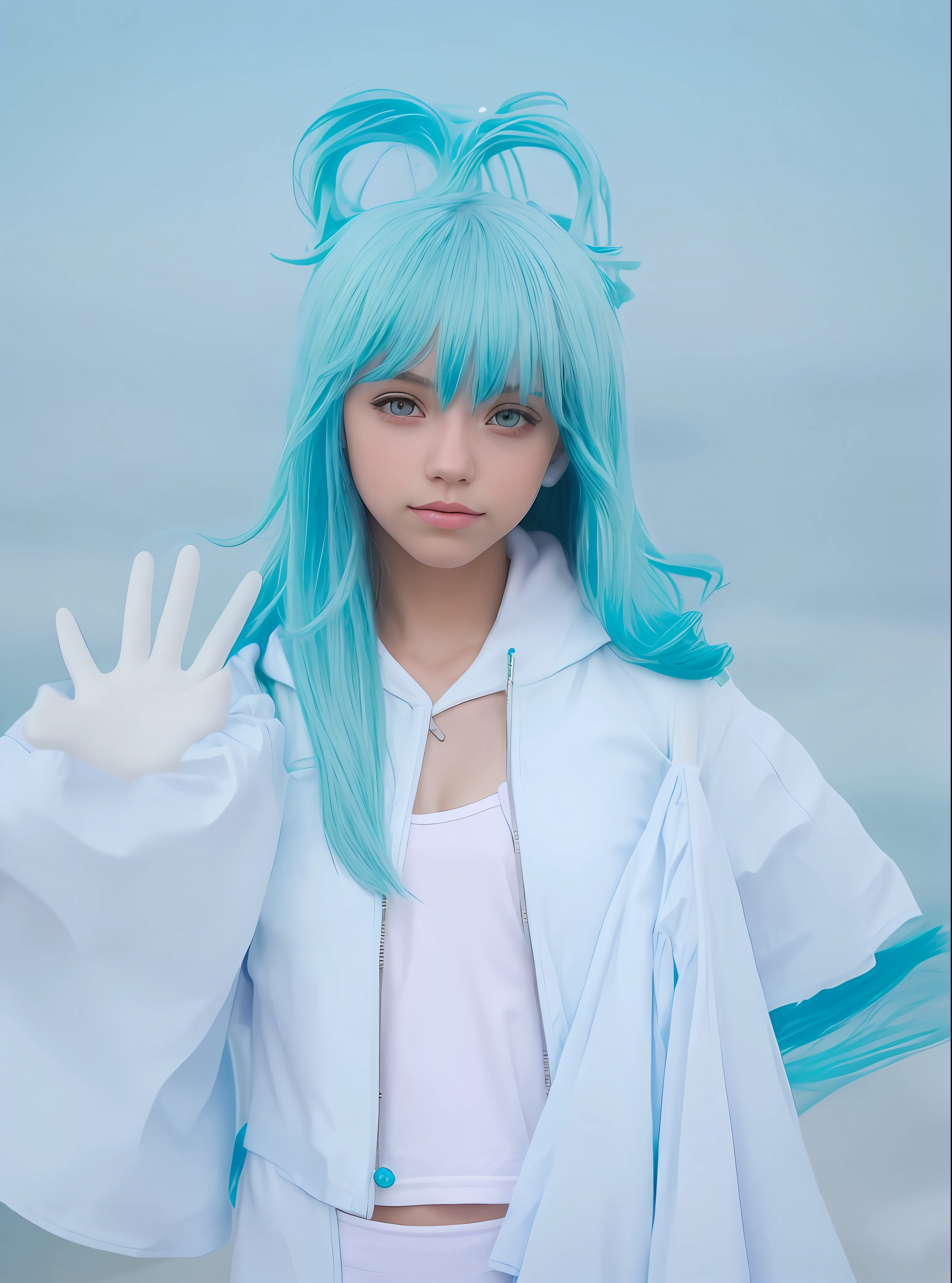 Beautiful girl, sea ​​blue hair and white tips