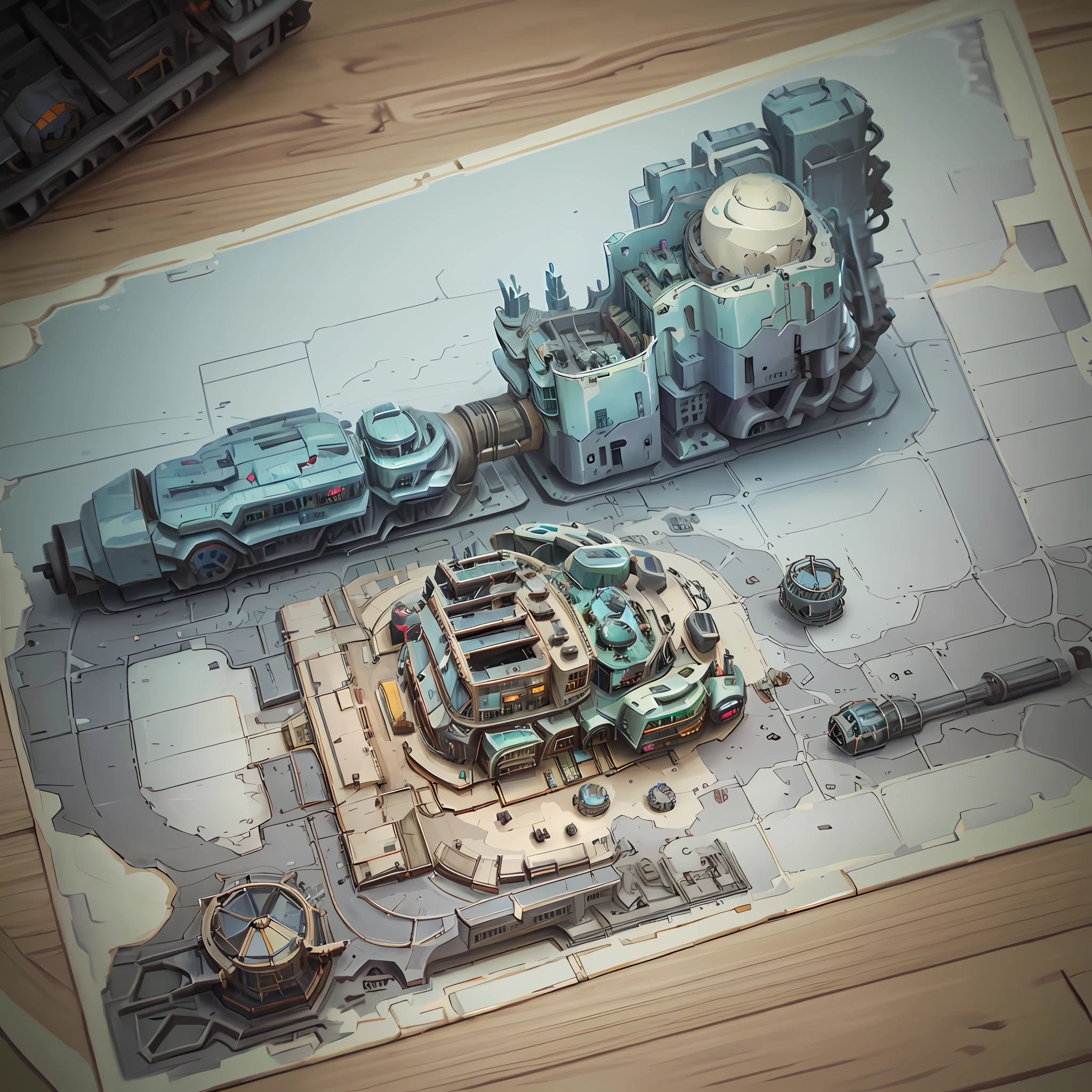 Futuristic space station blueprints on a light cream colored tabletop, top down view, cyberpunk, science fiction.