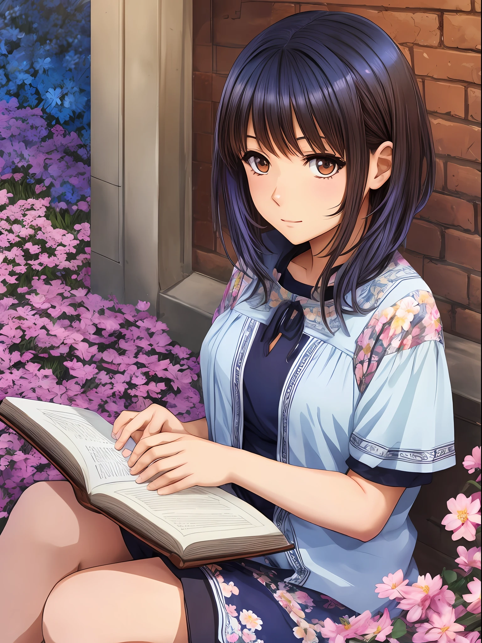 1 anime style girl, brown eyes, short brown hair with blue locks, sitting reading a book in a flowery square, super detailed