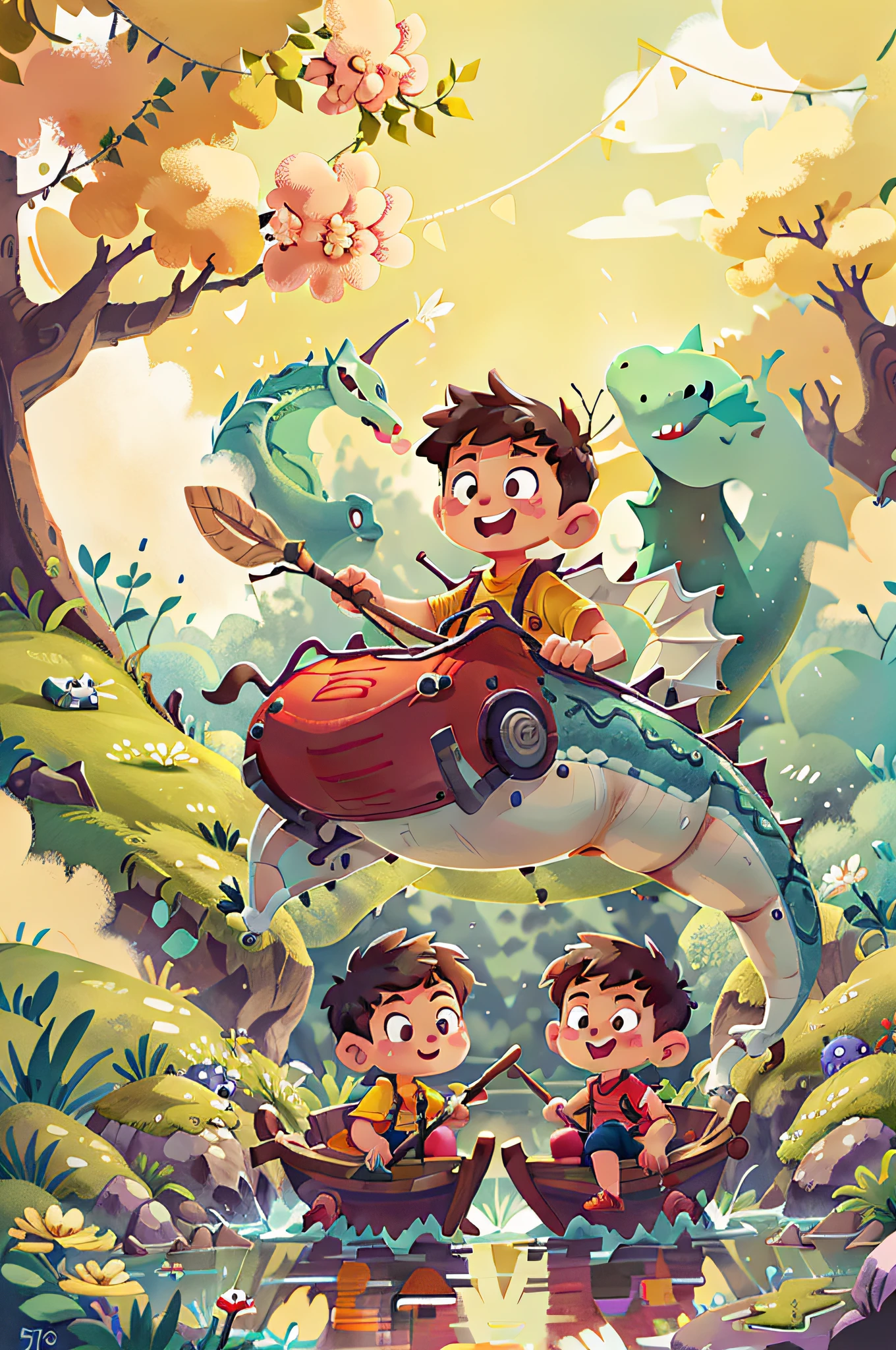 cartoon illustration of two children riding a dragon on a boat, colorful kids book illustration, kids book illustration, mobile game art, children book illustration, childrens art in artstation, epic full color illustration, game illustration, a beautiful artwork illustration, game art, detailed game art illustration, story book illustration, cute detailed digital art, children's book illustration, children’s book illustration