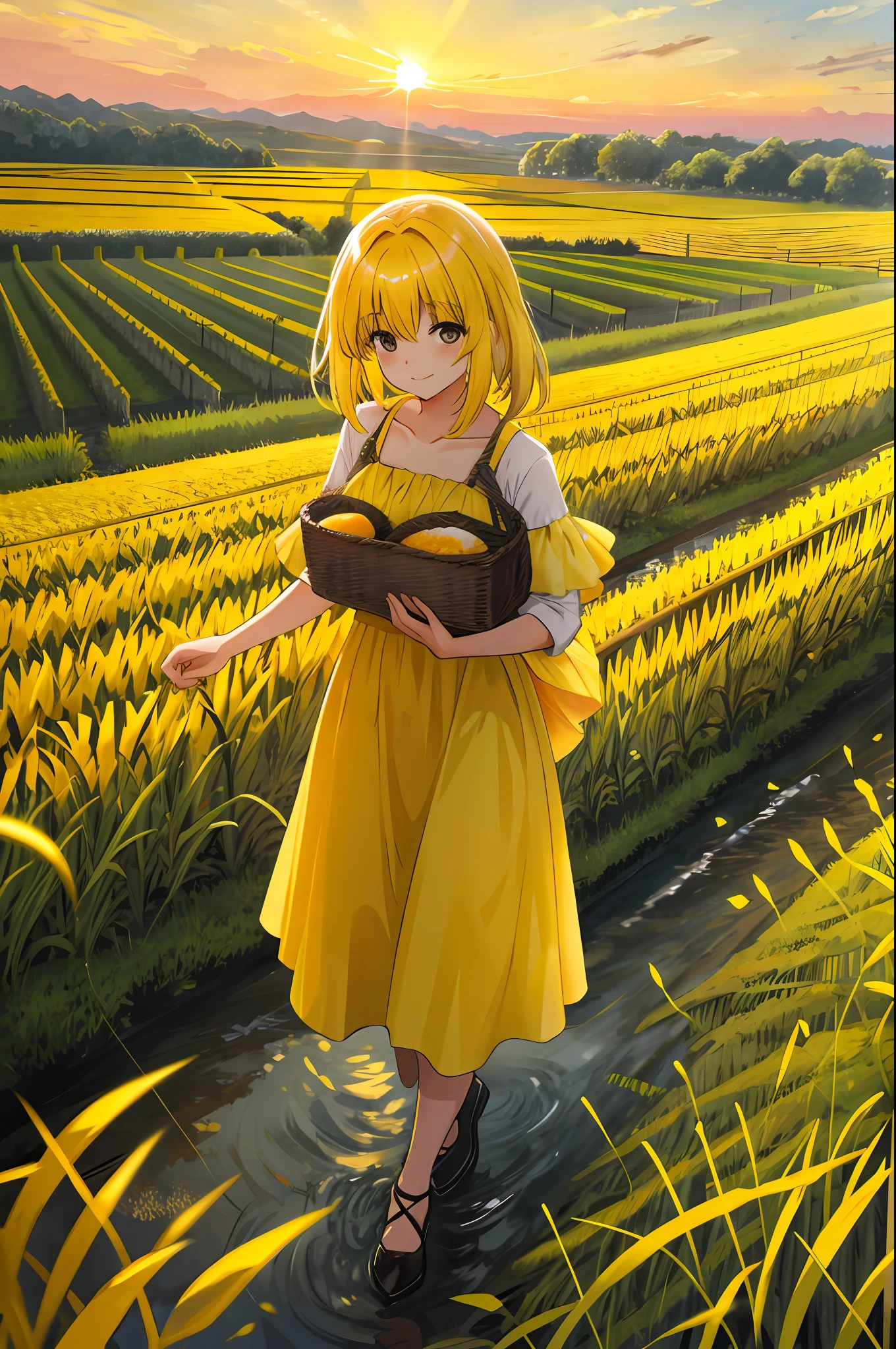 Rural environment, overall light yellow color scheme, sunset, sunset, yellow rice fields, stream, ultra-clear picture quality, there is a winery in the picture.