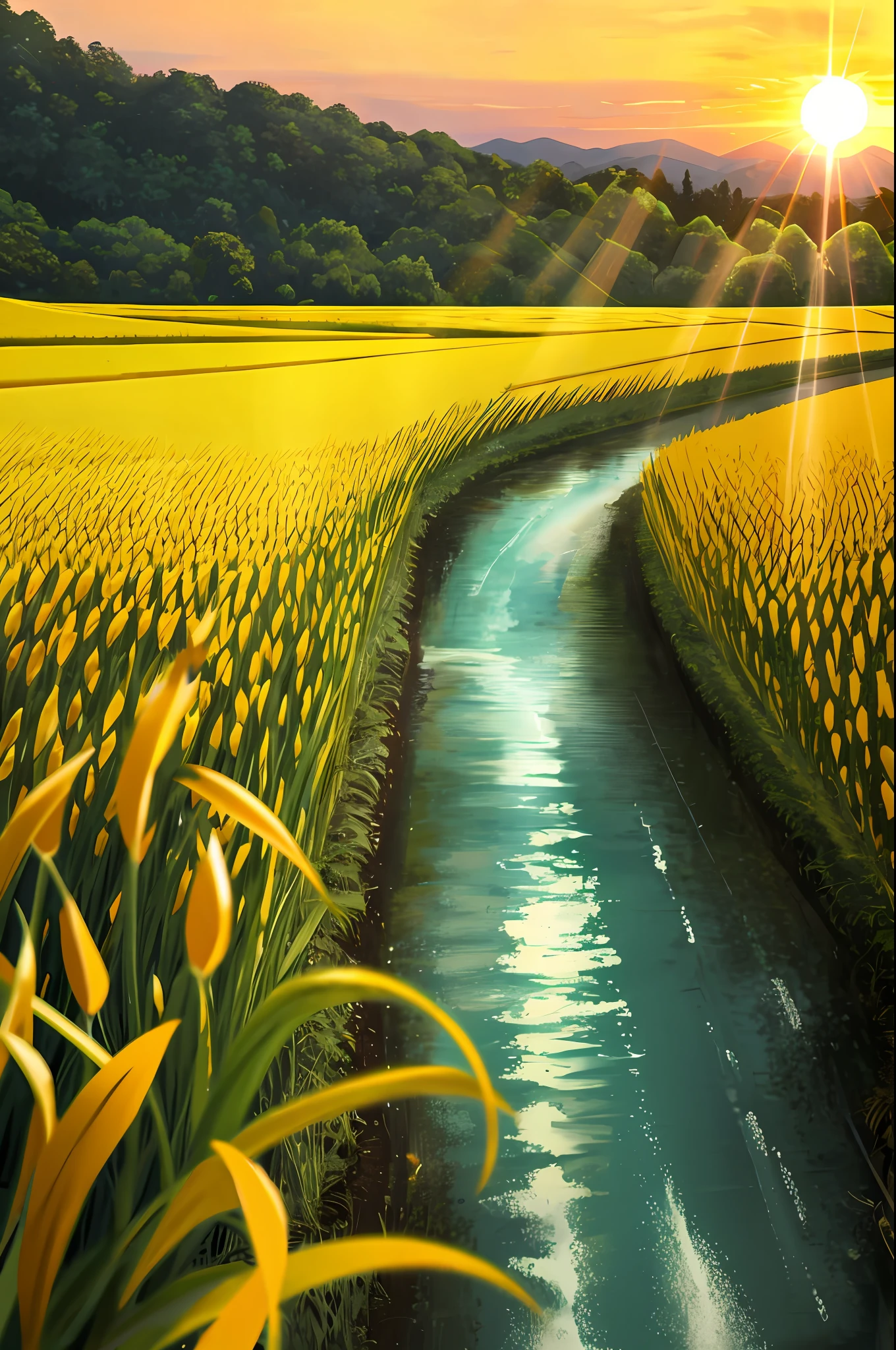 Rural environment, overall light yellow color scheme, sunset, sunset, yellow rice fields, stream, ultra-clear picture quality, there is a winery in the picture.