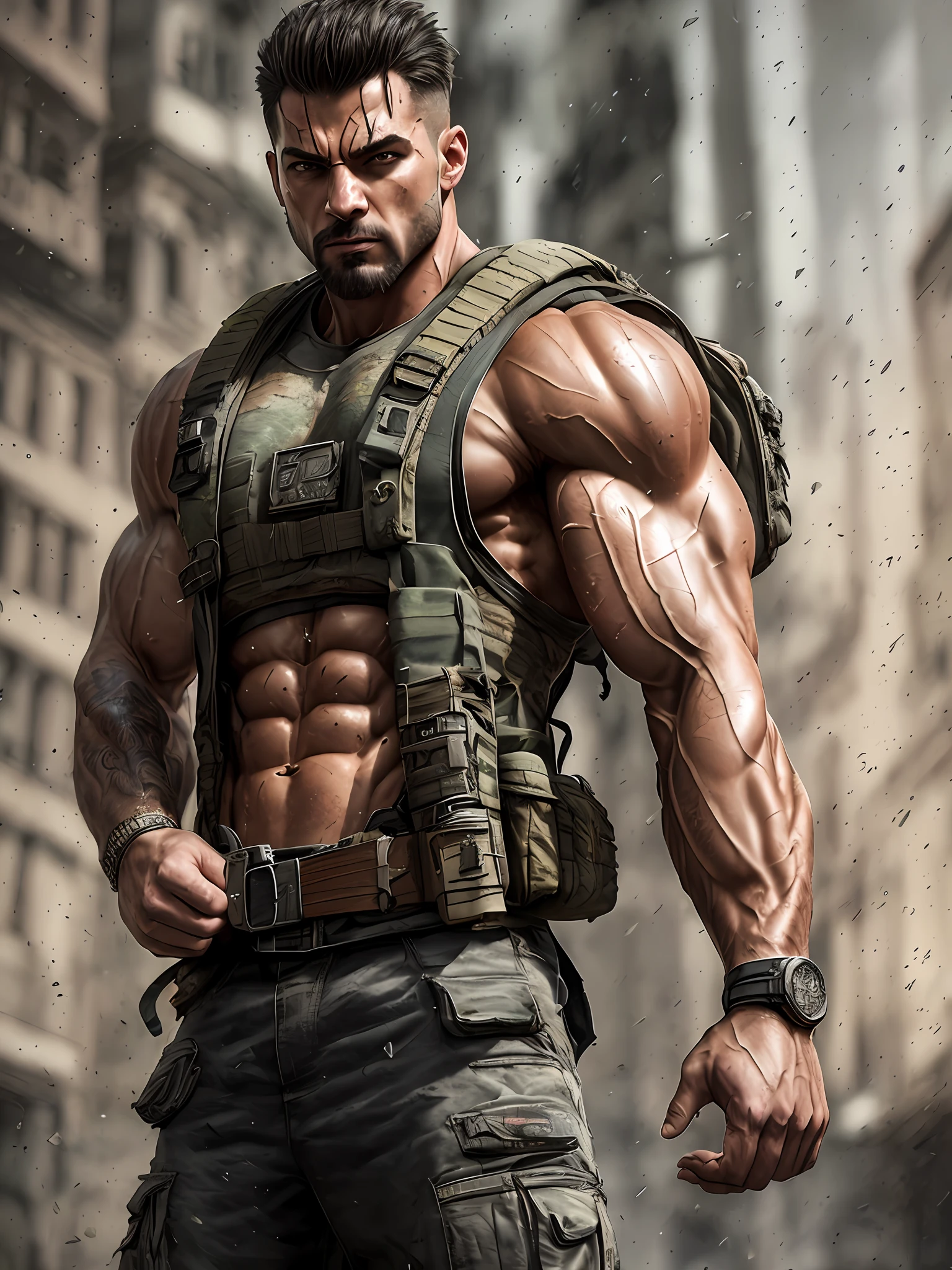 strong muscular man, street angry, backpack, epic realistic, photo, faded, complex stuff around, intricate background, soaking wet, neutral colors, ((((hdr)))), ((((muted colors)))), intricate scene, artstation, intricate details, vignette