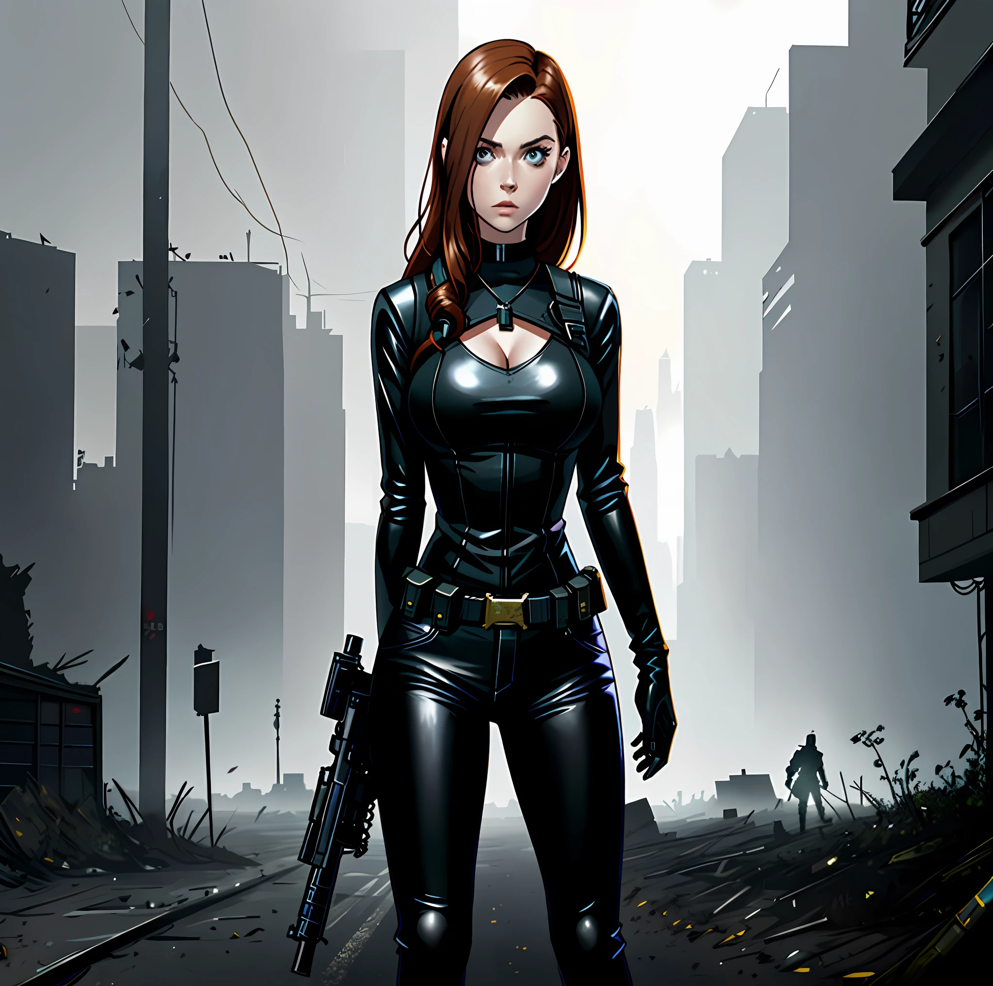 Arafed woman in black outfit holding gun in front of wall, promo shot, promo shot, promo shot, with a gun, with a rifle, in a post-apocalyptic setting, urban fantasy style, advertising shot, sharp teen killer, Amy Pond, full-length shooting, Karen Gillan Batgirl, modeling, advertising photo shoot, with a gun, big breasts, leather pants, choker around the neck