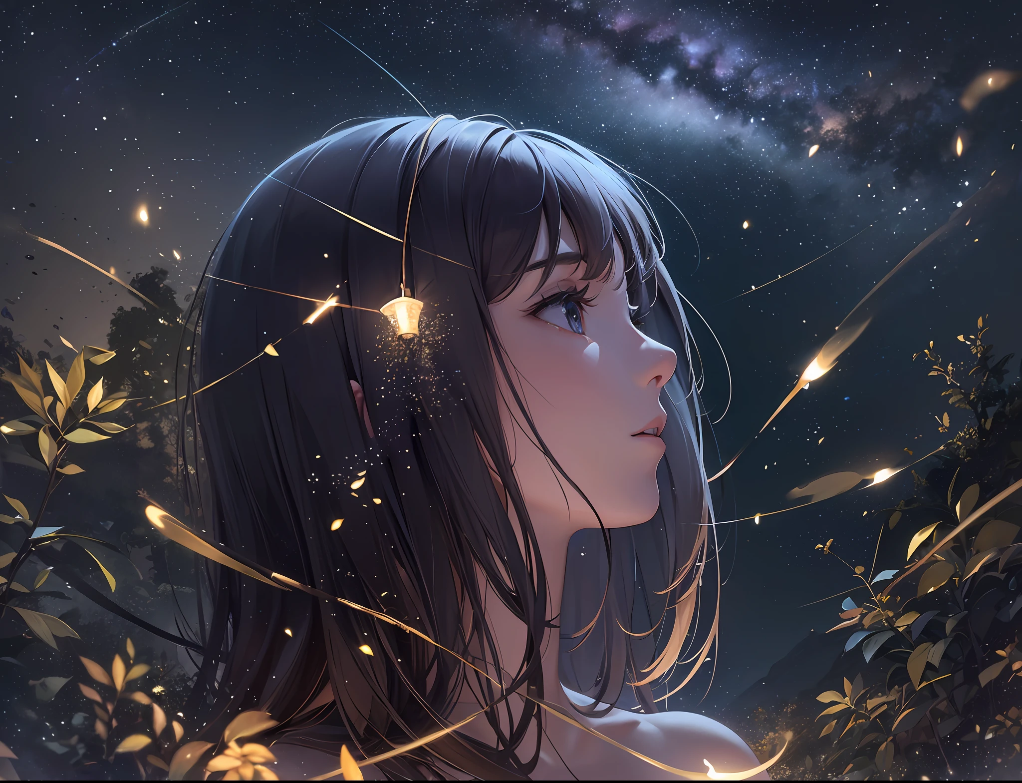 (8k, top quality, masterpiece: 1.2), (realistic, photorealistic: 1.37), super detail, one girl, wide-angle angle of view, firefly garden, lots of small pale lights floating, night