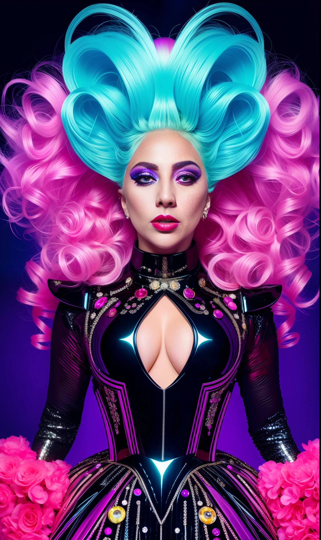 Lady gaga photo, 4K texture, robotic and extravagant dress and strange hairstyle, 8k image, haute couture, flashes, high image quality, neon dress, realistic face, various poses