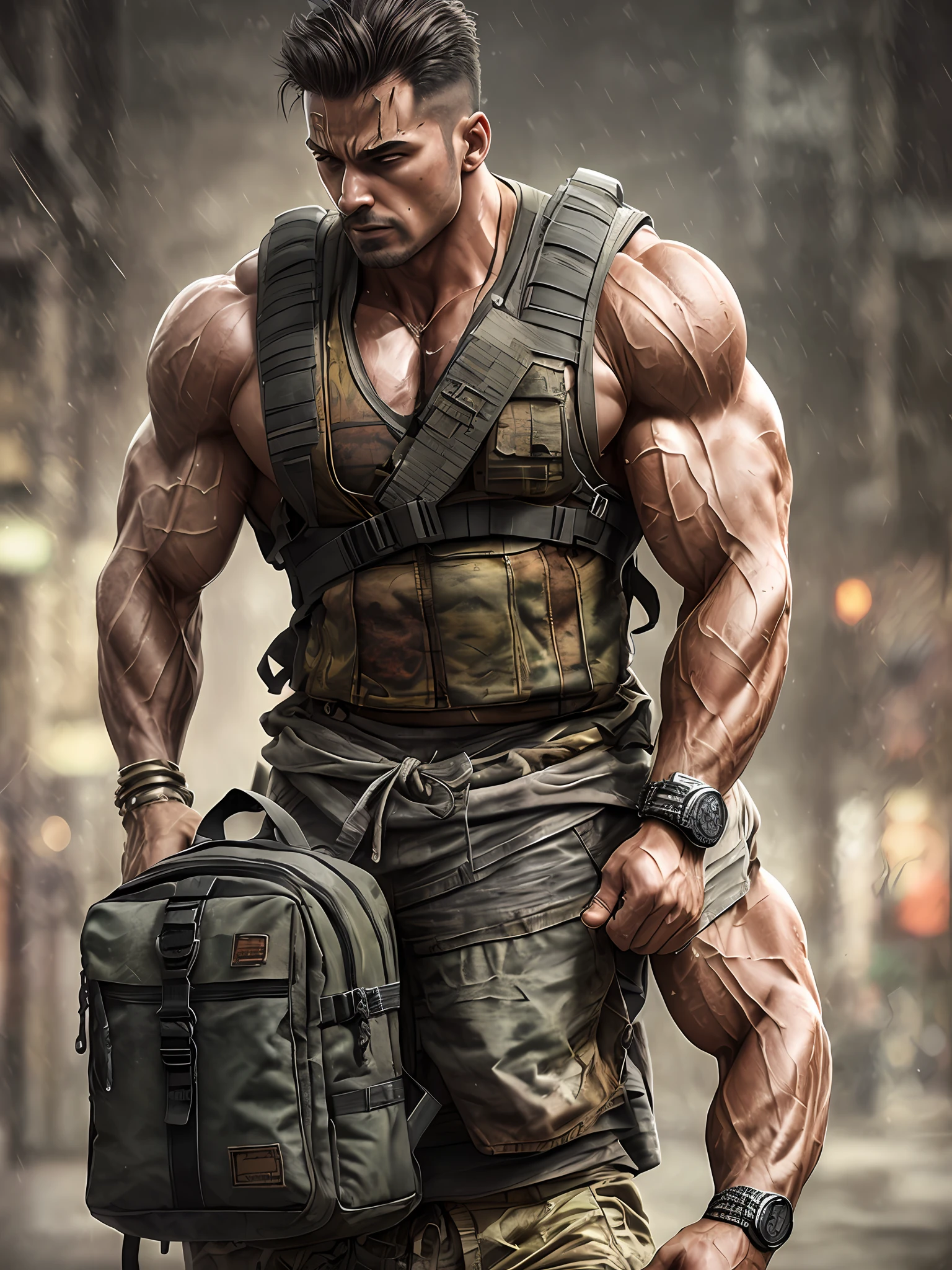 strong muscular man, street angry, backpack, epic realistic, photo, faded, complex stuff around, intricate background, soaking wet, neutral colors, ((((hdr)))), ((((muted colors)))), intricate scene, artstation, intricate details, vignette