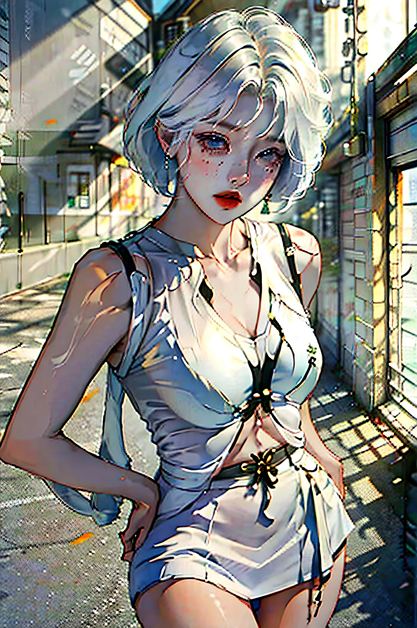 Realistic, high resolution, 1 girl, short white hair, Korean street, miniskirt, white shirt, great light effects