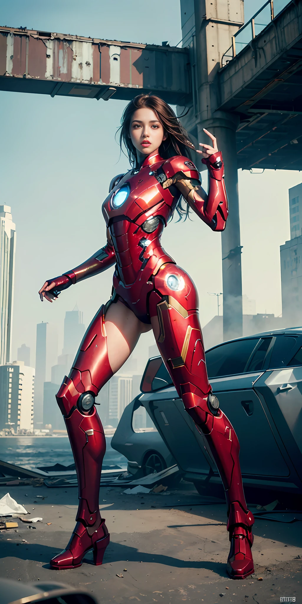 RAW, Masterpiece, Ultra Fine Photo,, Best Quality, Ultra High Resolution, Photorealistic, Sunlight, Full Body Portrait, Stunningly Beautiful,, Dynamic Poses, Delicate Face, Vibrant Eyes, (Side View) , she is wearing a futuristic Iron Man mech, red and gold color scheme, highly detailed abandoned warehouse background, detailed face, detailed and complex busy background, messy, gorgeous, milky white, high detailed skin, realistic skin details, visible pores , sharp focus, volumetric fog, 8k uhd, dslr camera, high quality, film grain, fair skin, photorealism, lomography, sprawling metropolis in futuristic dystopia, view from below, translucent