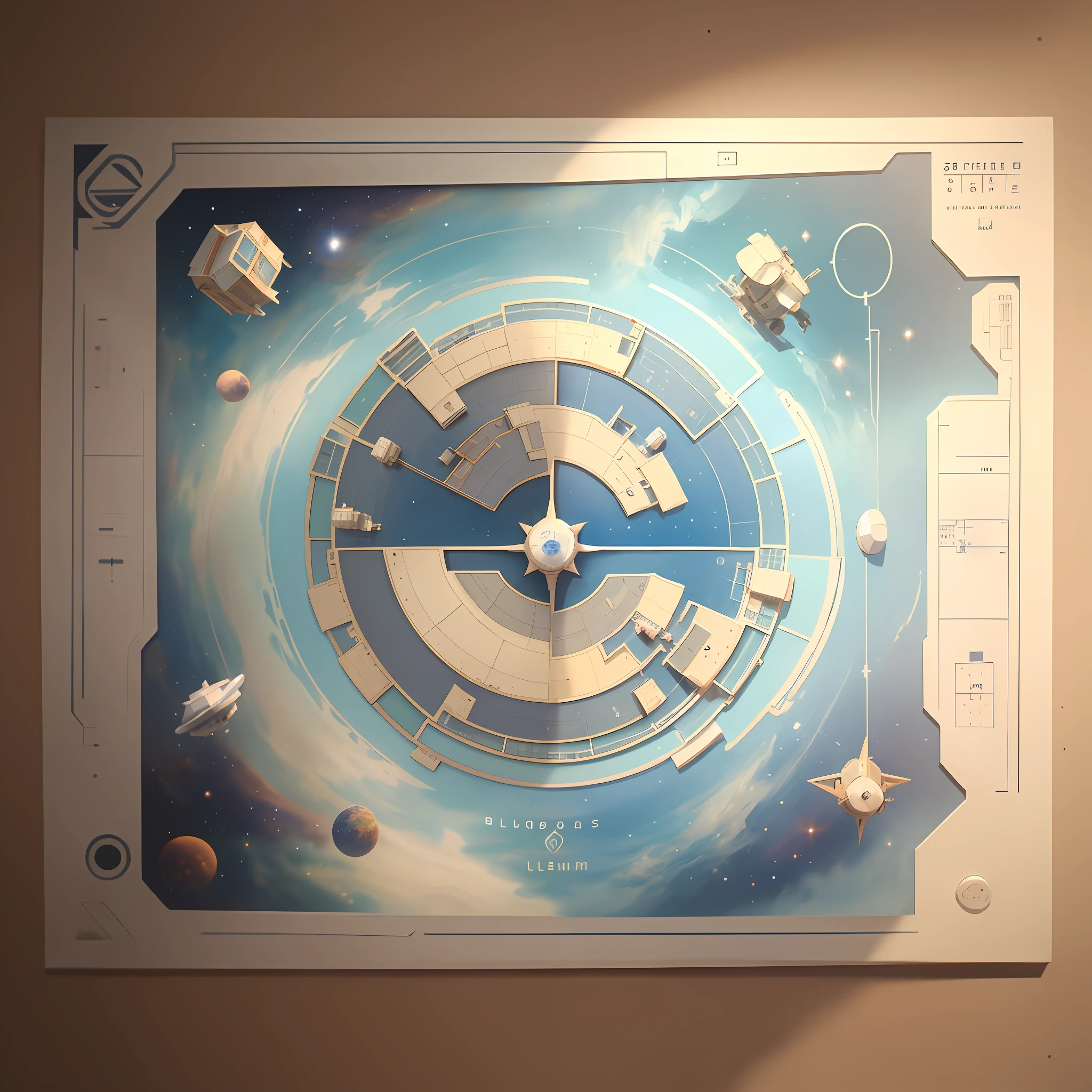 International space station blueprints on a light cream colored tabletop, top down view