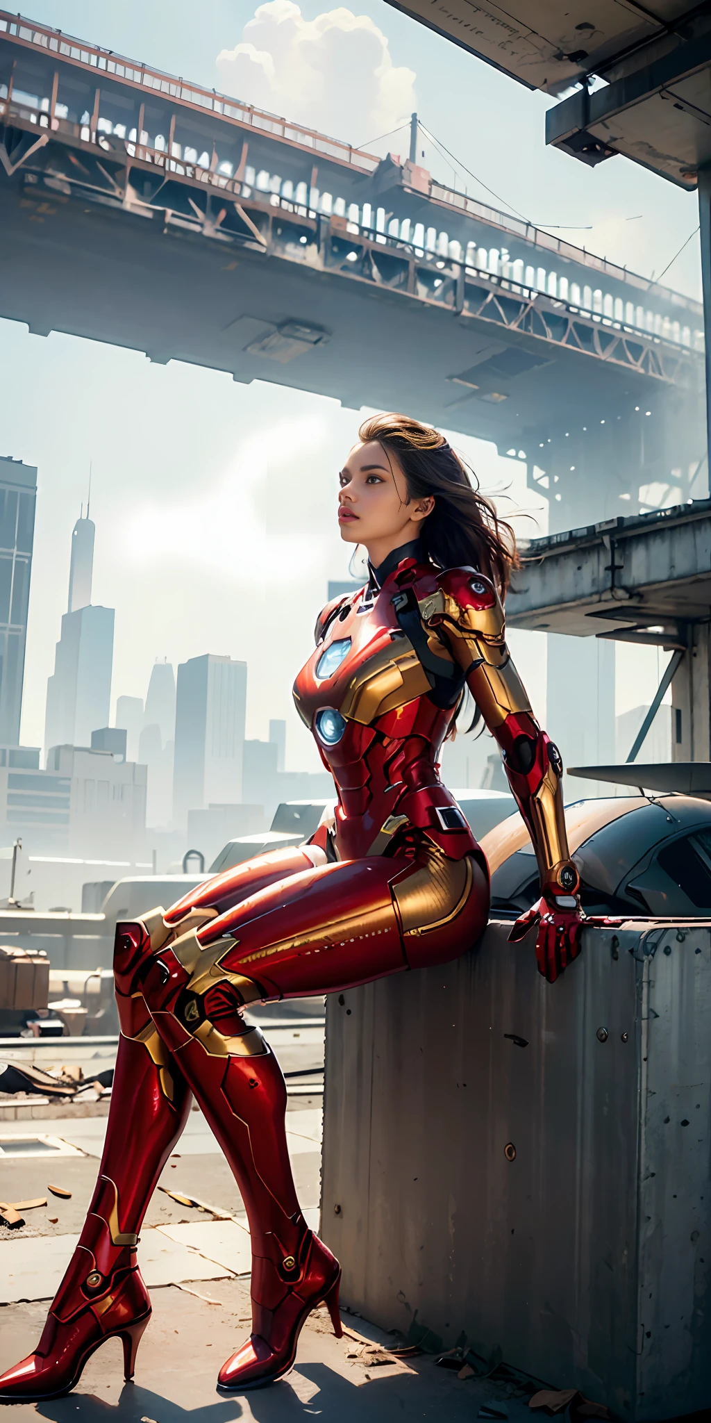 RAW, Masterpiece, Ultra Fine Photo,, Best Quality, Ultra High Resolution, Photorealistic, Sunlight, Full Body Portrait, Stunningly Beautiful,, Dynamic Poses, Delicate Face, Vibrant Eyes, (Side View) , she is wearing a futuristic Iron Man mech, red and gold color scheme, highly detailed abandoned warehouse background, detailed face, detailed and complex busy background, messy, gorgeous, milky white, high detailed skin, realistic skin details, visible pores , sharp focus, volumetric fog, 8k uhd, dslr camera, high quality, film grain, fair skin, photorealism, lomography, sprawling metropolis in futuristic dystopia, view from below, translucent