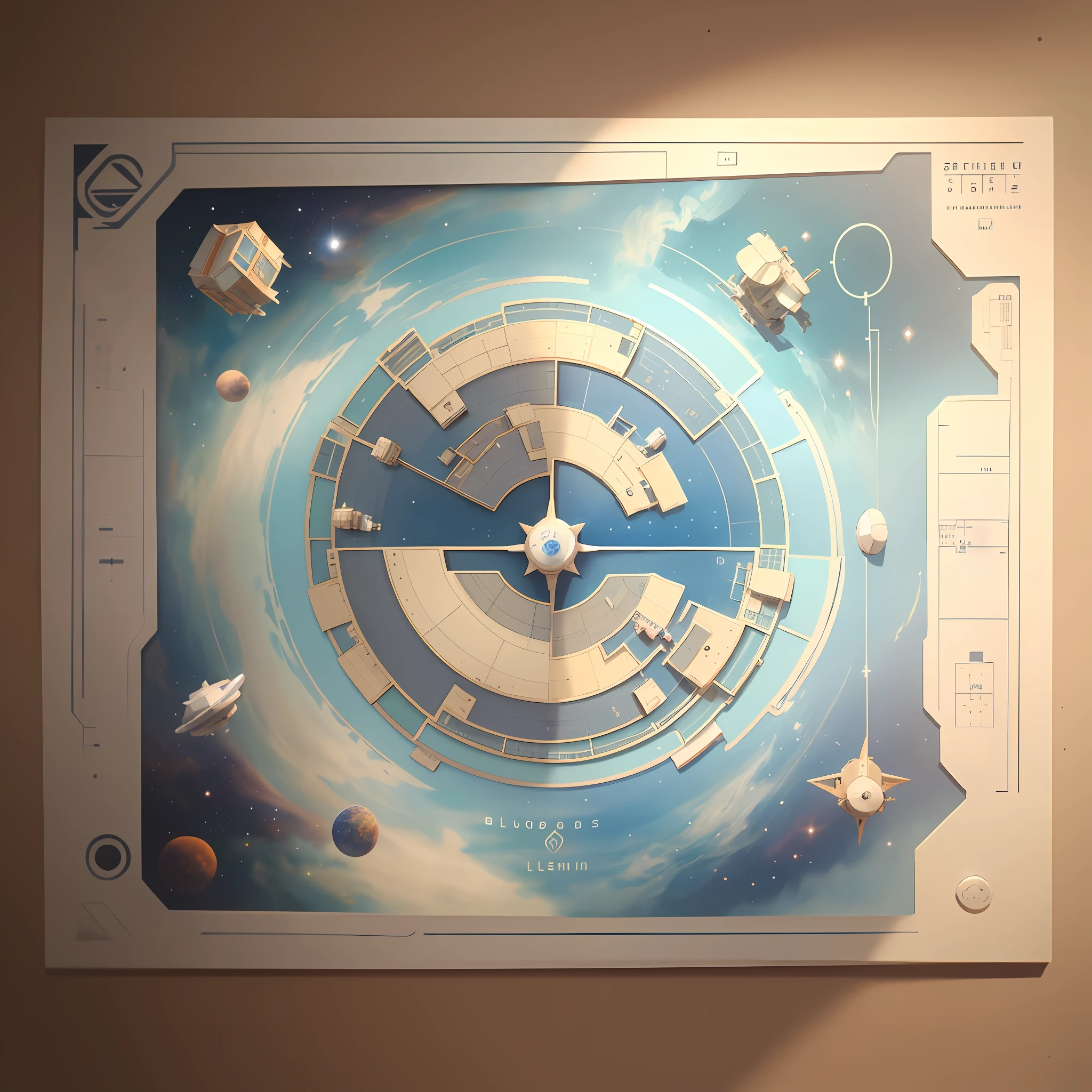 International space station blueprints on a light cream colored tabletop, top down view