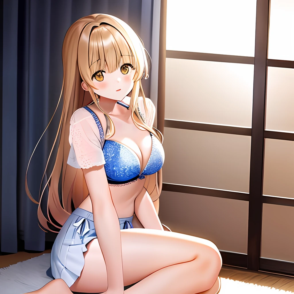 masterpiece, 1girl, Mahiru Shiina, bra, thonga, full body, Sitting, from behind
