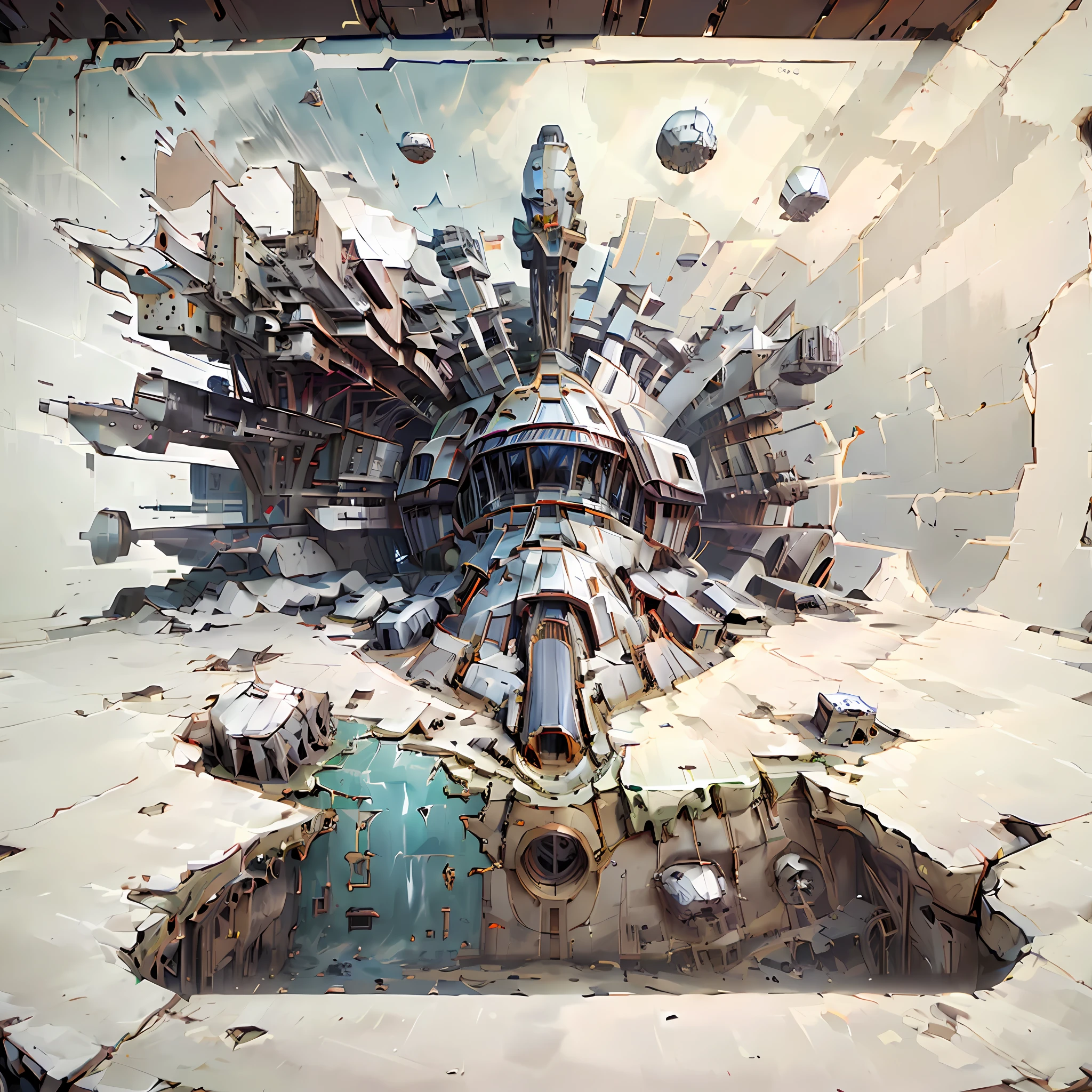 International space station blueprints on a light cream colored tabletop, top down view