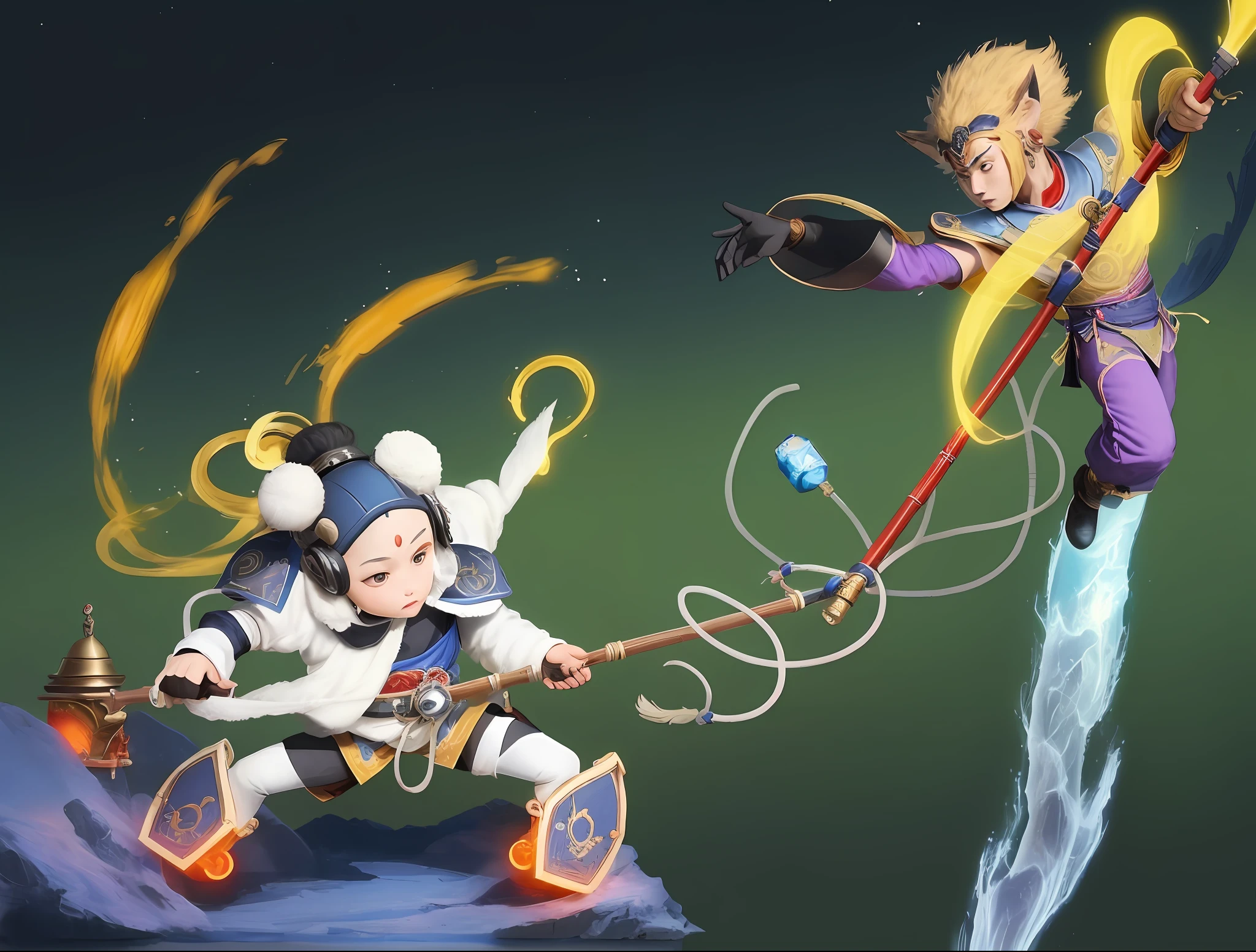 In the traditional Chinese culture of Journey to the West, the space war between Sun Wukong and Nezha, the background universe, high-tech cubes, UFO beams, 3D, realistic