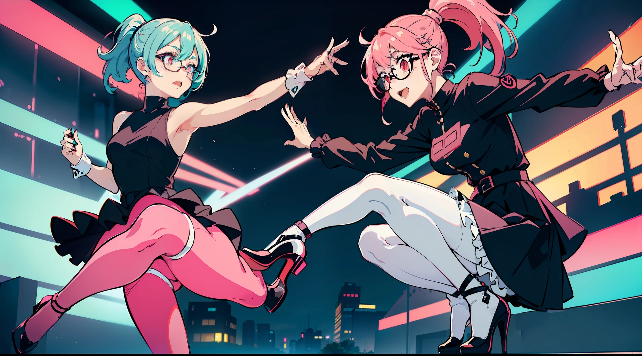 masterpiece (top queality) (Two girls:1.2), one with (red eyes, pink hair:1.3, ponytail, glasses), dressed in (black dress, large white tights), and the other with (cyan eyes, short white hair:1.2, high heels), wearing (black tights), in a (vibrant environment), with (lively mood), (casual faces), (colorful lights).