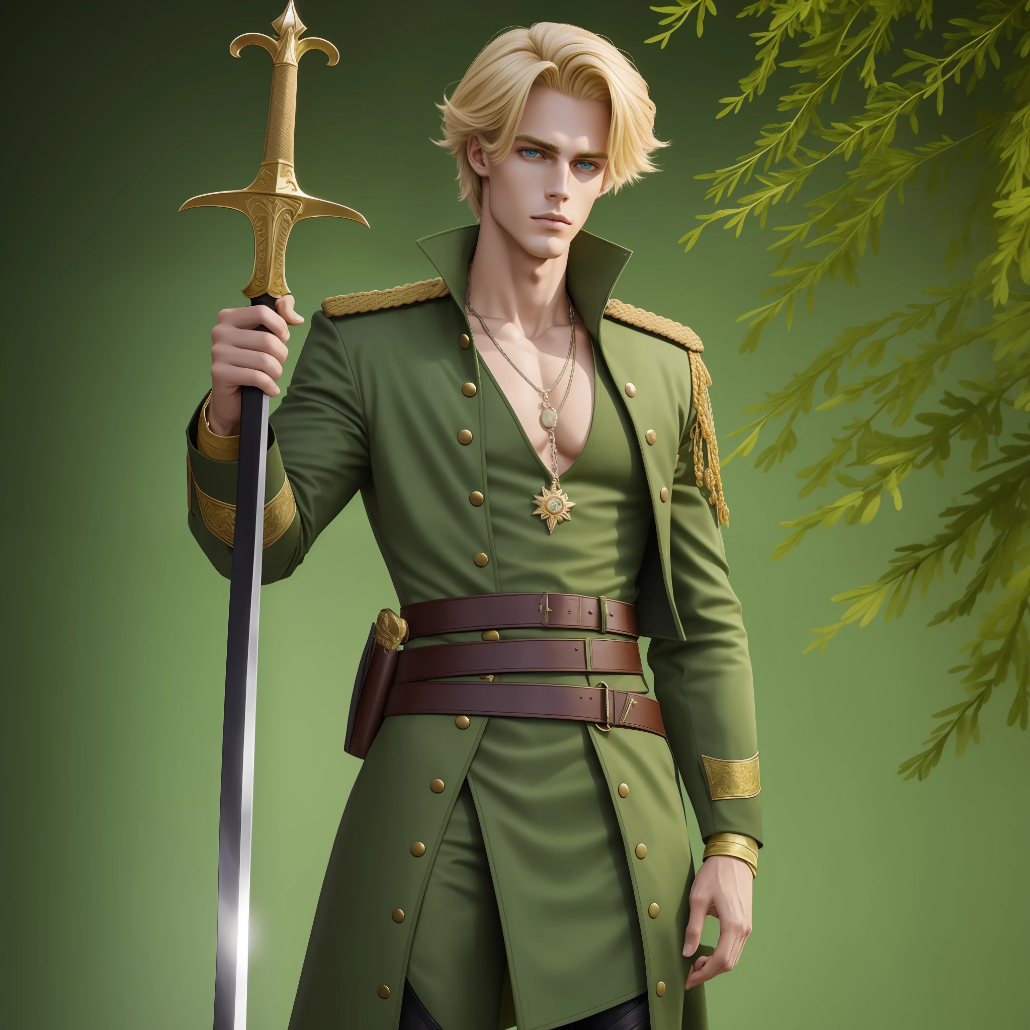Neels Visser is a prince who has golden blonde hair, wears a moss green medieval military outfit, looking forward with piercing emerald green gaze. Full body with a sword at the waist
