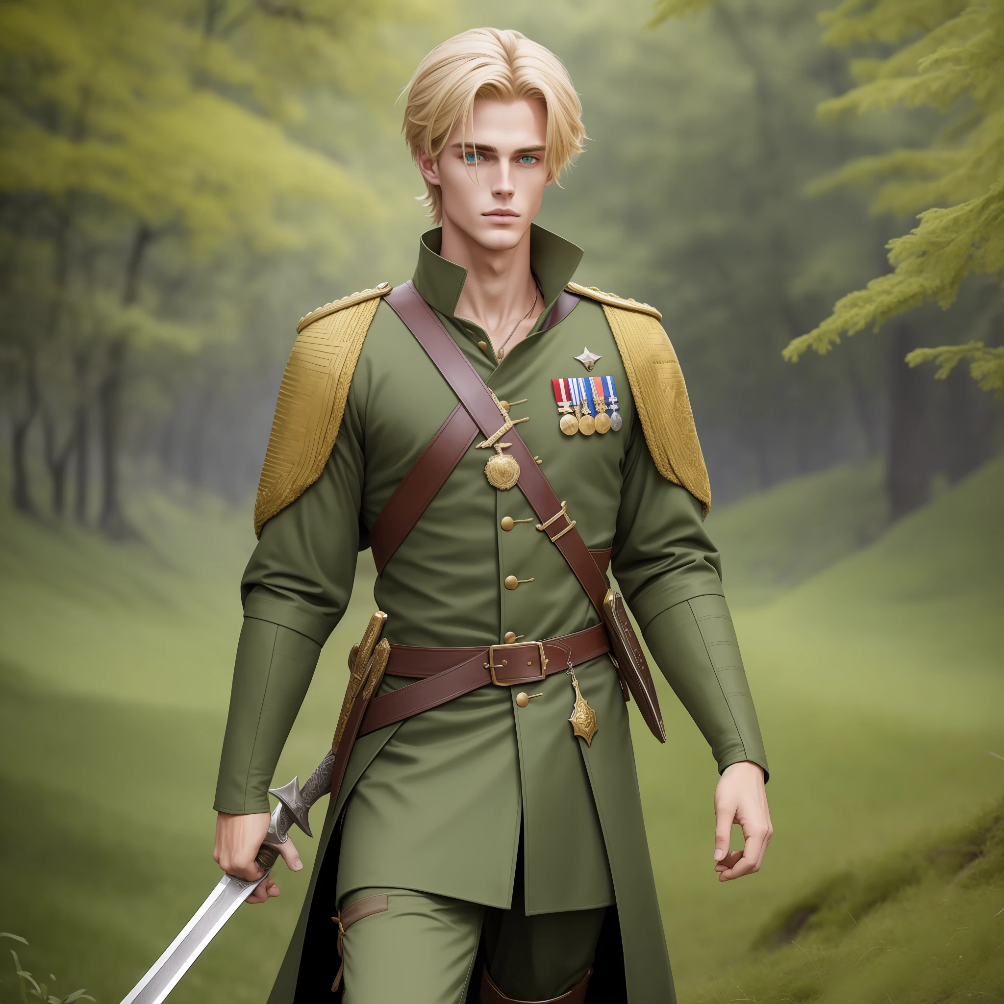 Neels Visser is a prince who has golden blonde hair, wears a moss green medieval military outfit, looking forward with piercing emerald green gaze. Full body with a sword at the waist
