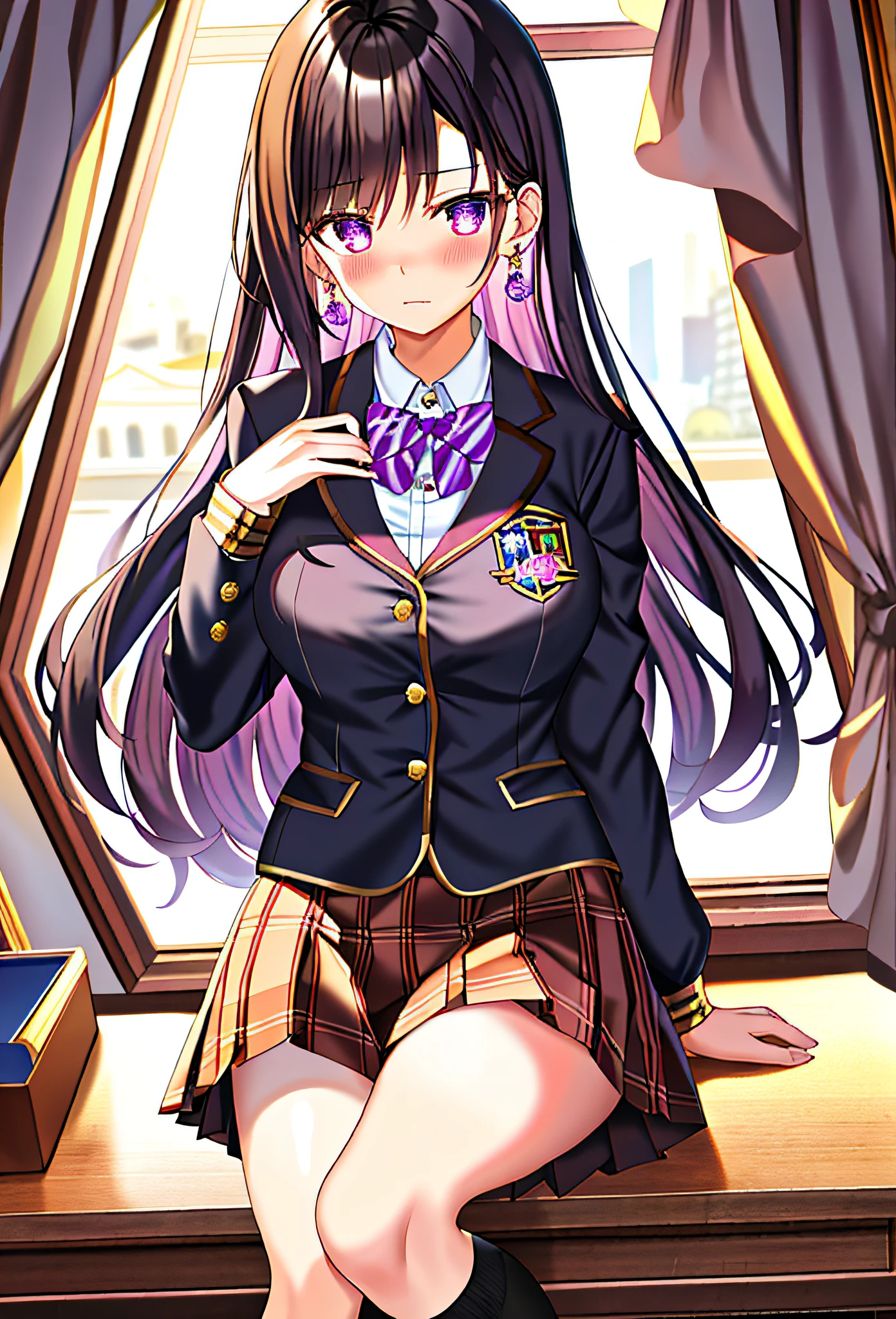 (masterpiece, reflections, atmospheric lighting, dynamic lighting), best quality, 1girl, perfect figure, perfect face, black hair, long luscious black hair, curly hair, delicate hair, deep purple eyes, glowing void eyes, delicate fingers, delicate legs, shy, embarrassed, blushing, purple void dangling earrings, school uniform, preppy school uniform, brown school jacket, white school shirt, brown checkered school skirt, black knee high sock, brown school shoes, hands over breast