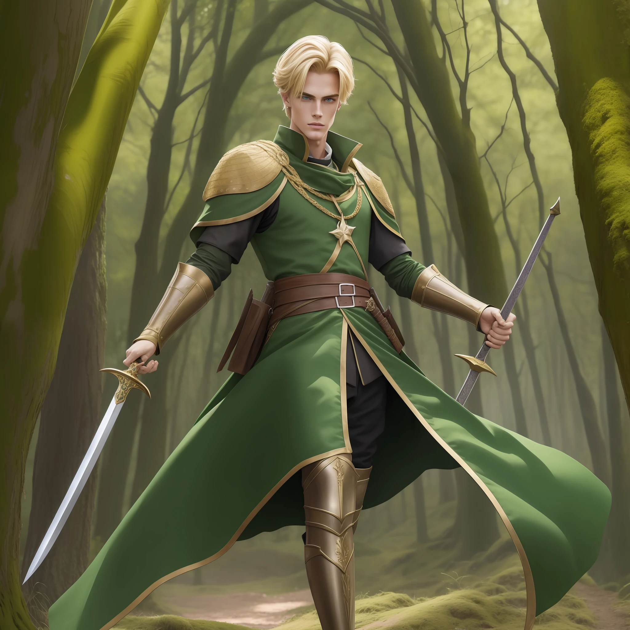 Neels Visser is a prince who has golden blonde hair, wears a moss green medieval military outfit, looking forward with piercing emerald green gaze. Full body with a sword at the waist