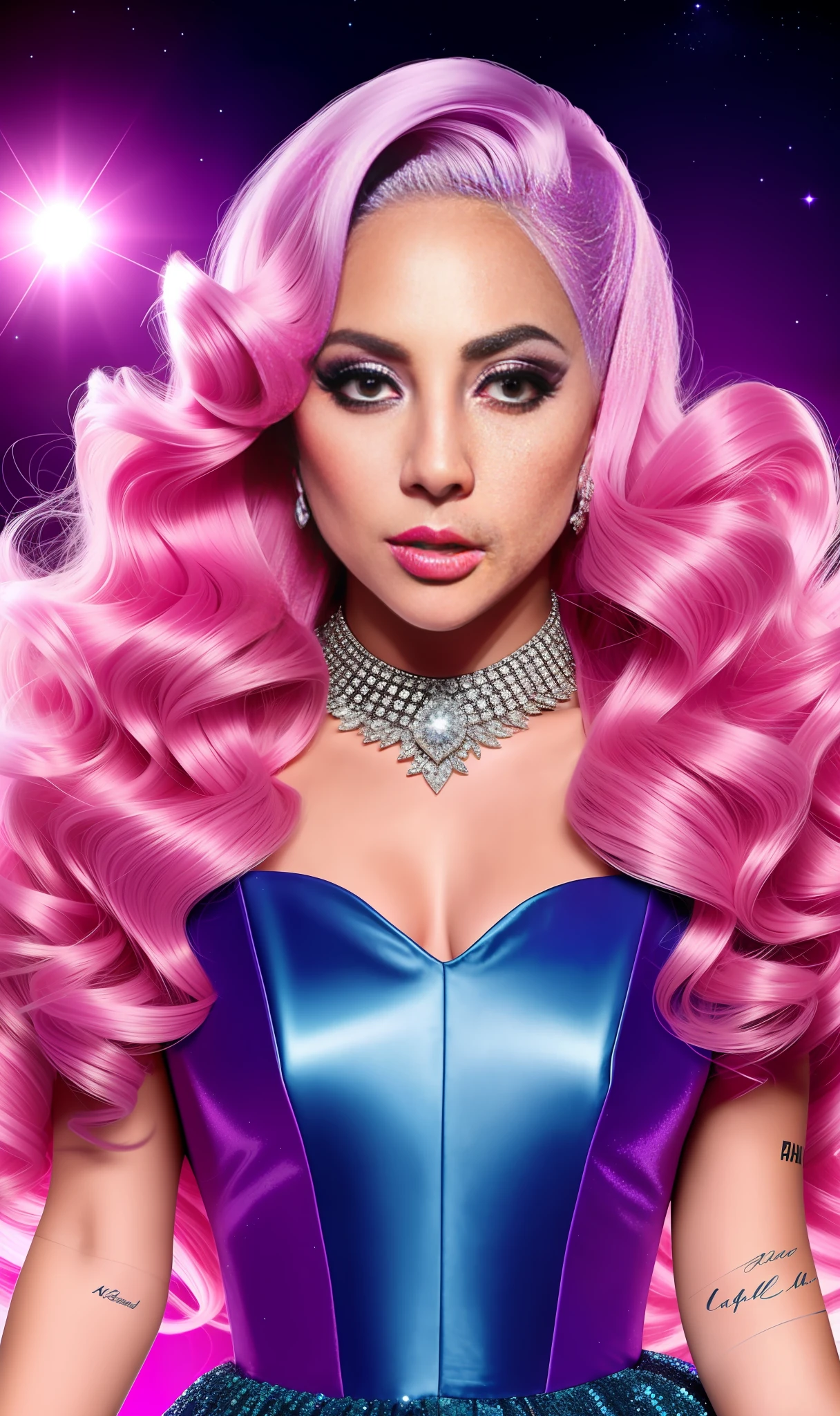 Lady Gaga photo, 4K texture, high quality, extravagant hairstyle, original album cover, colorful dress with diamonds, 8k image, futuristic, high image quality, at night, hair accessories, 8k image, realistic face in high quality, full body, different poses, violet hair, robotic pink dress