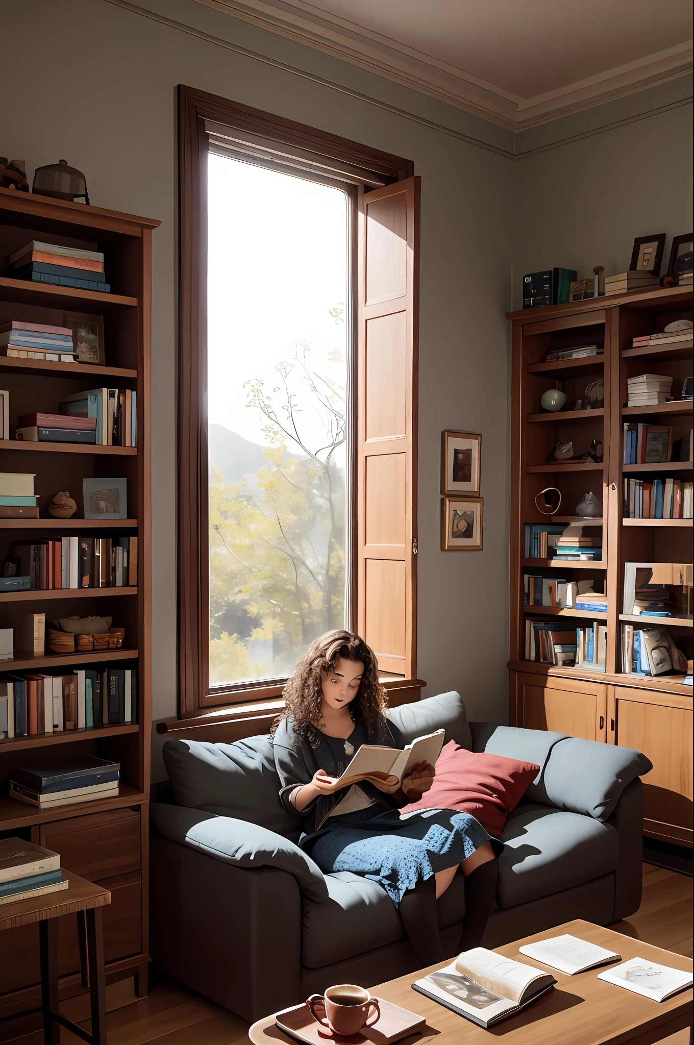 Drinking coffee in the room, listening to music, reading a book, nardak, in a spacious living room with a large window, a girl with curly brown hair sits on a comfortable sofa, surrounded by books, tea in hand, lost in thought.
