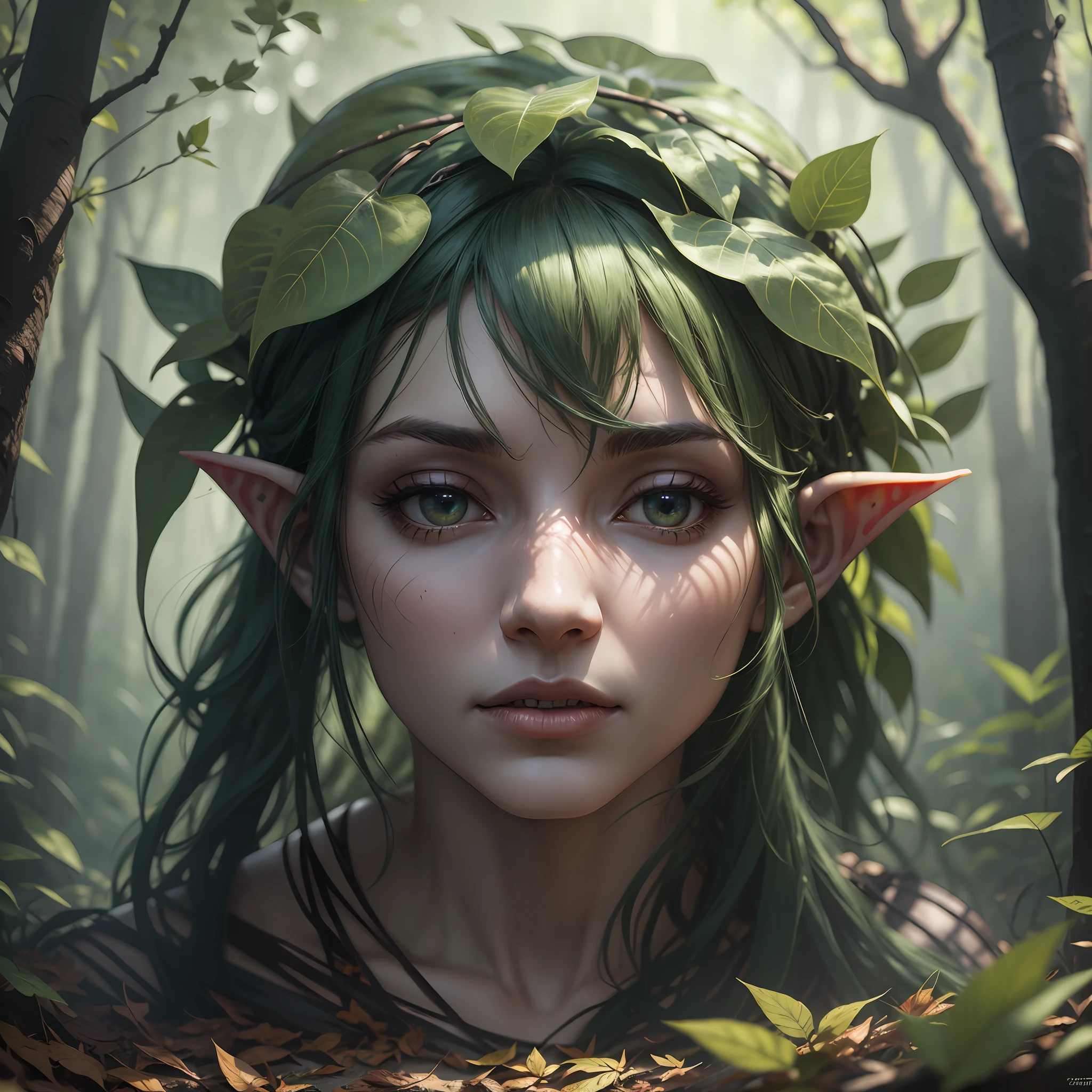 Elf in a dense forest with dry leaves, anbiente of drama, scary, realistic, Unreal Engine 5, RTX 4080, 8K, --auto --s2