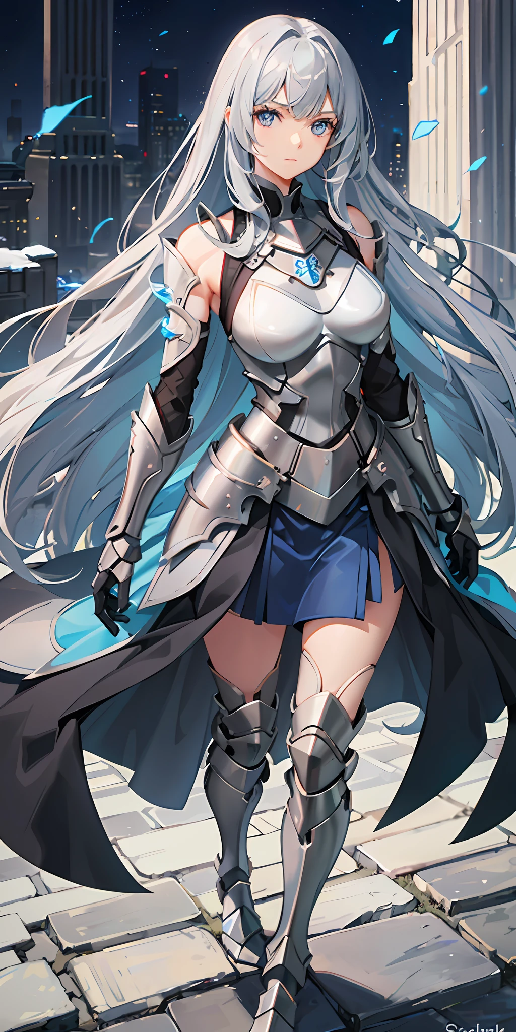 Solo, (straight long hair), strong eyes, hair color gray. She has a dignified face, blue eyes, outstanding style, breasts are medium size, (blue dress), (skirt is short), (steel breastplate), (wears armor on her arms), she has no background, full body is in the picture