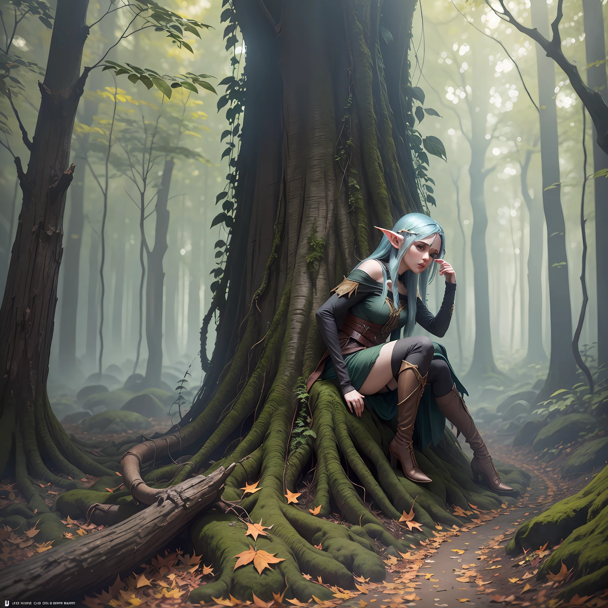 Elf in a dense forest with dry leaves, anbiente of drama, scary, realistic, Unreal Engine 5, RTX 4080, 8K, --auto --s2