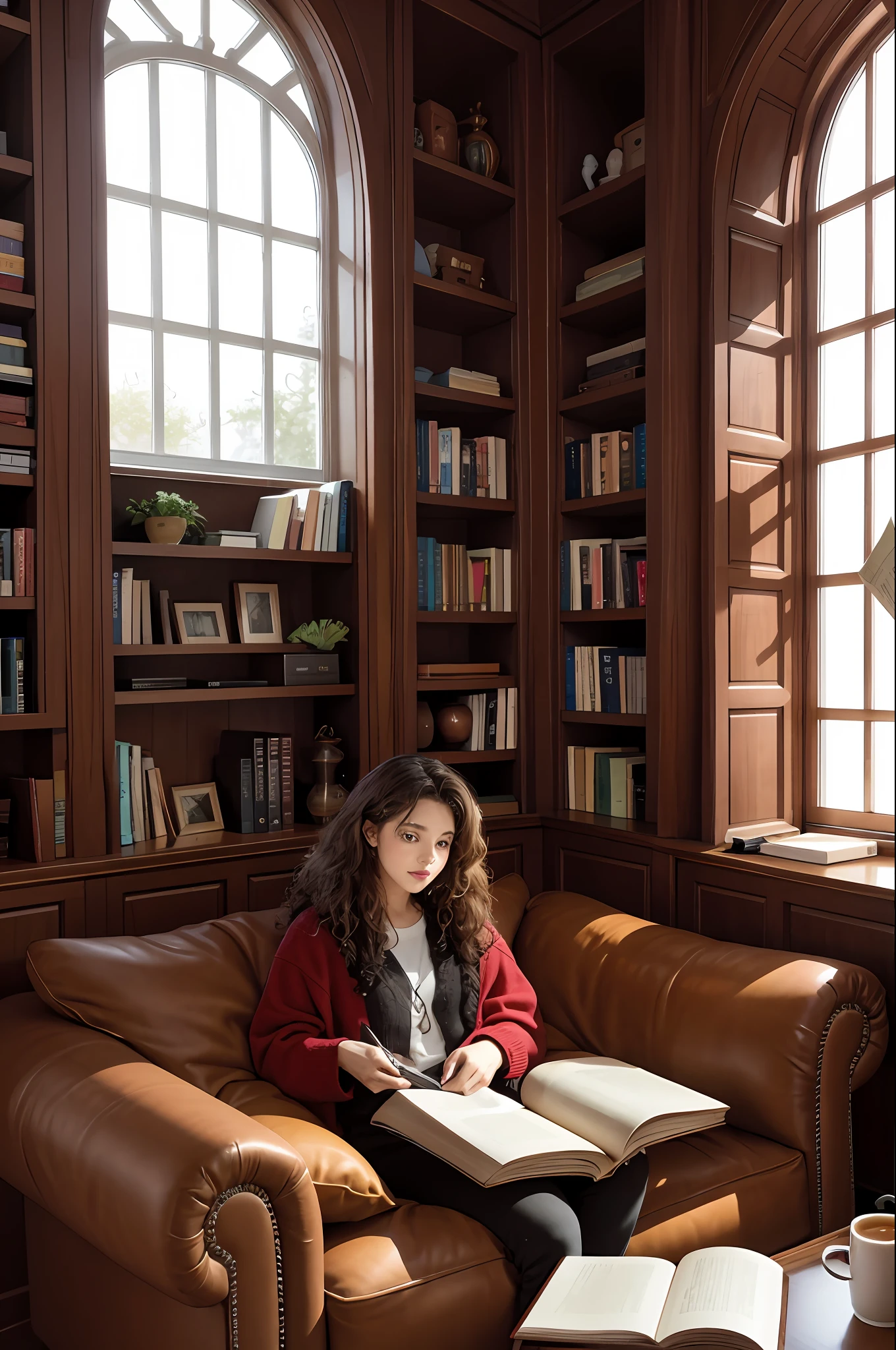 Drinking coffee in the room, listening to music, reading a book, nardak, in a spacious living room with a large window, a girl with curly brown hair sits on a comfortable sofa, surrounded by books, tea in hand, lost in thought.