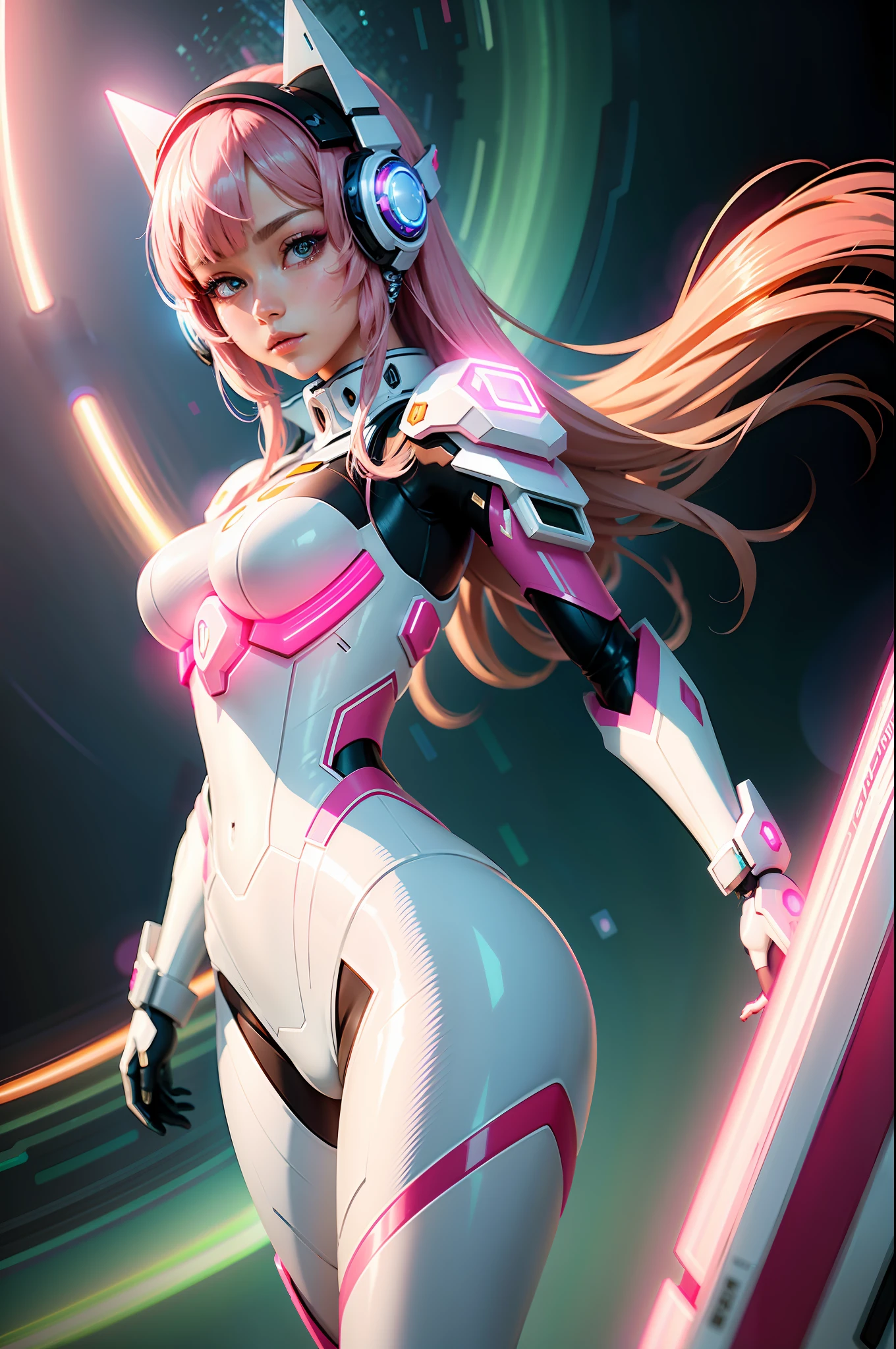 A beautiful anime girl in a white and pink futuristic mecha suit with the quality of a surrealist masterpiece. She has a delicate angelic face and devilish curves that shine in realistic lighting, pink neons, teal neons, fashion portrait, gradient background, aurora borealis, best quality, 8k, cinematic, incredible details, incredible skin, polish