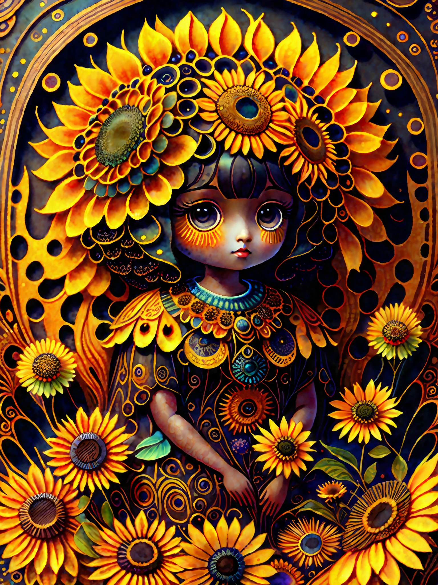 Gorgeous big eyes watercolor sunflower ebony goddess covered in curlycue paisley flowerdesigns, intricate filigreeheaddress highly intricate hyper-detailed landscape illustration painting by Mark Ryden, Keane, Max Ernst, Bosch, Junji Ito, Mucha, maximalism, surrealism, 3d liquid detailing, volumetric lighting, octane render, 16k, storybook, a masterpiece