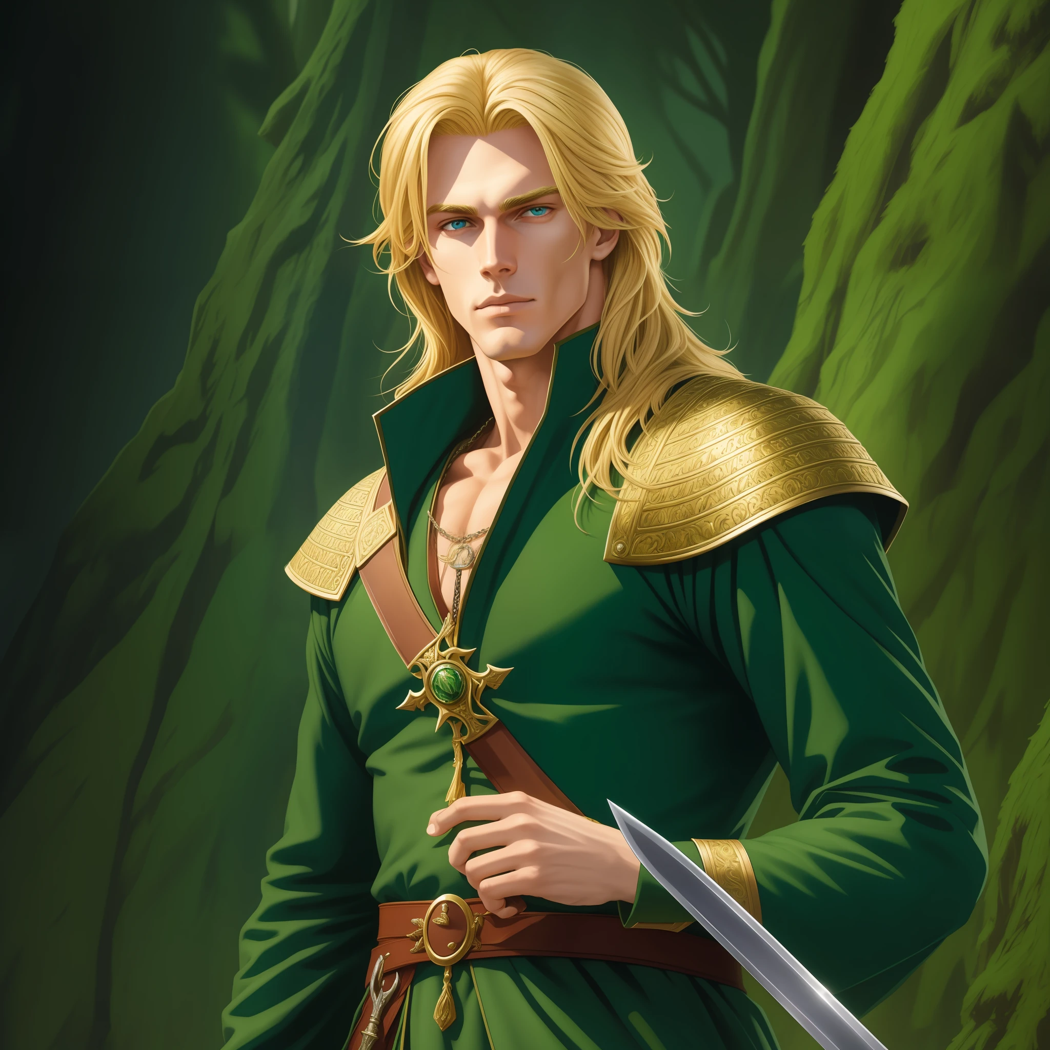 Neels Visser is a prince who has golden blonde hair, wears a moss green medieval military outfit, looking forward with piercing emerald green gaze. full body with a sword at the waist, art by Greg Hildebrandt