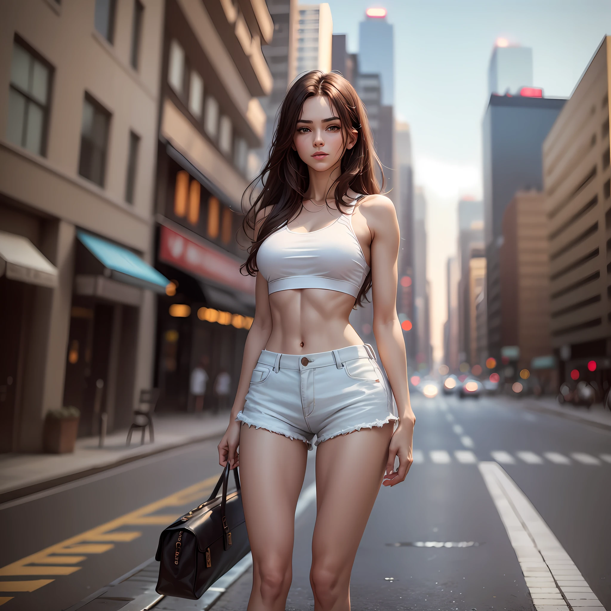((Realistic lighting, Best Quality, 8K, Masterpiece: 1.3)), Clear Focus: 1.2, 1girl, Perfect Body Beauty: 1.4, Slim Abs: 1.1, ((Dark Brown Hair)), (White Crop Outfit: 1.4), (Outdoor, Night: 1.1), City Street, Super Fine Face, Fine Eyes, Double Eyelids, {Shorts: 2}, Long Legs, Long Shot, Full Body Shot --auto --s2