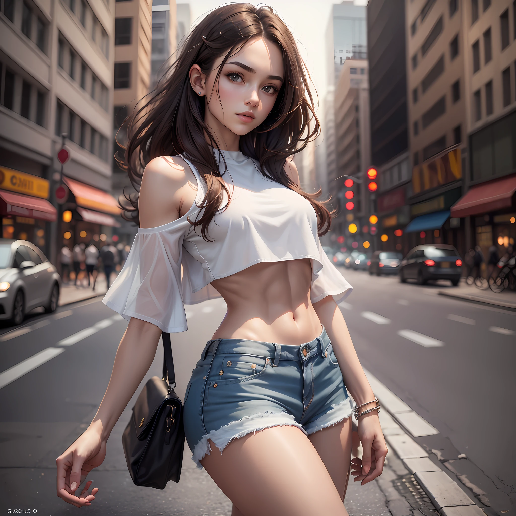 ((Realistic lighting, Best Quality, 8K, Masterpiece: 1.3)), Clear Focus: 1.2, 1girl, Perfect Body Beauty: 1.4, Slim Abs: 1.1, ((Dark Brown Hair)), (White Crop Outfit: 1.4), (Outdoor, Night: 1.1), City Street, Super Fine Face, Fine Eyes, Double Eyelids, {Shorts: 2}, Long Legs, Long Shot, Full Body Shot --auto --s2
