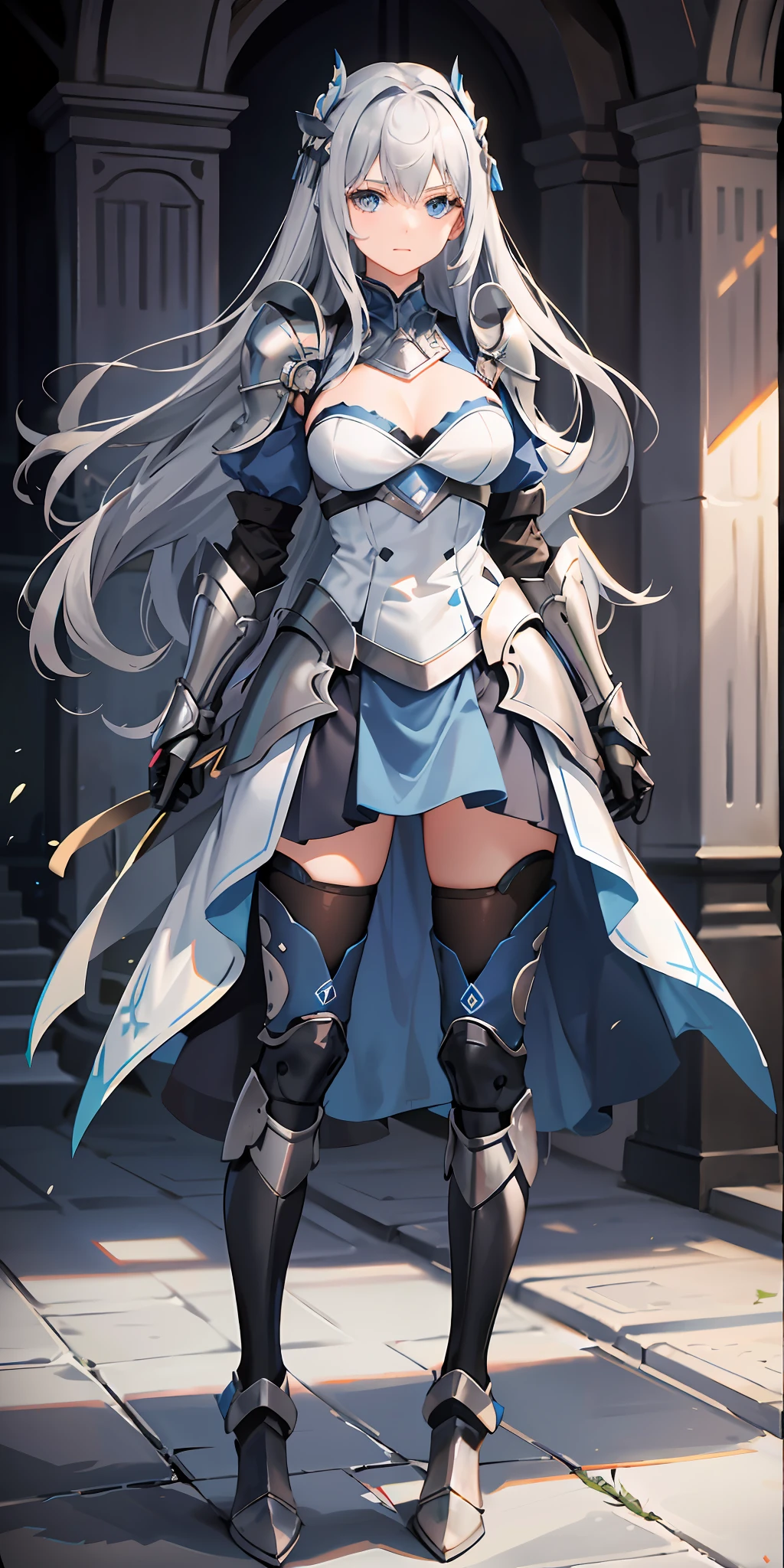 Solo, (straight long hair), strong eyes, hair color gray. She has a dignified face, blue eyes, outstanding style, breasts are medium size, (blue dress), (skirt above the knee), (wearing light armor), she has no background, full body is in the picture