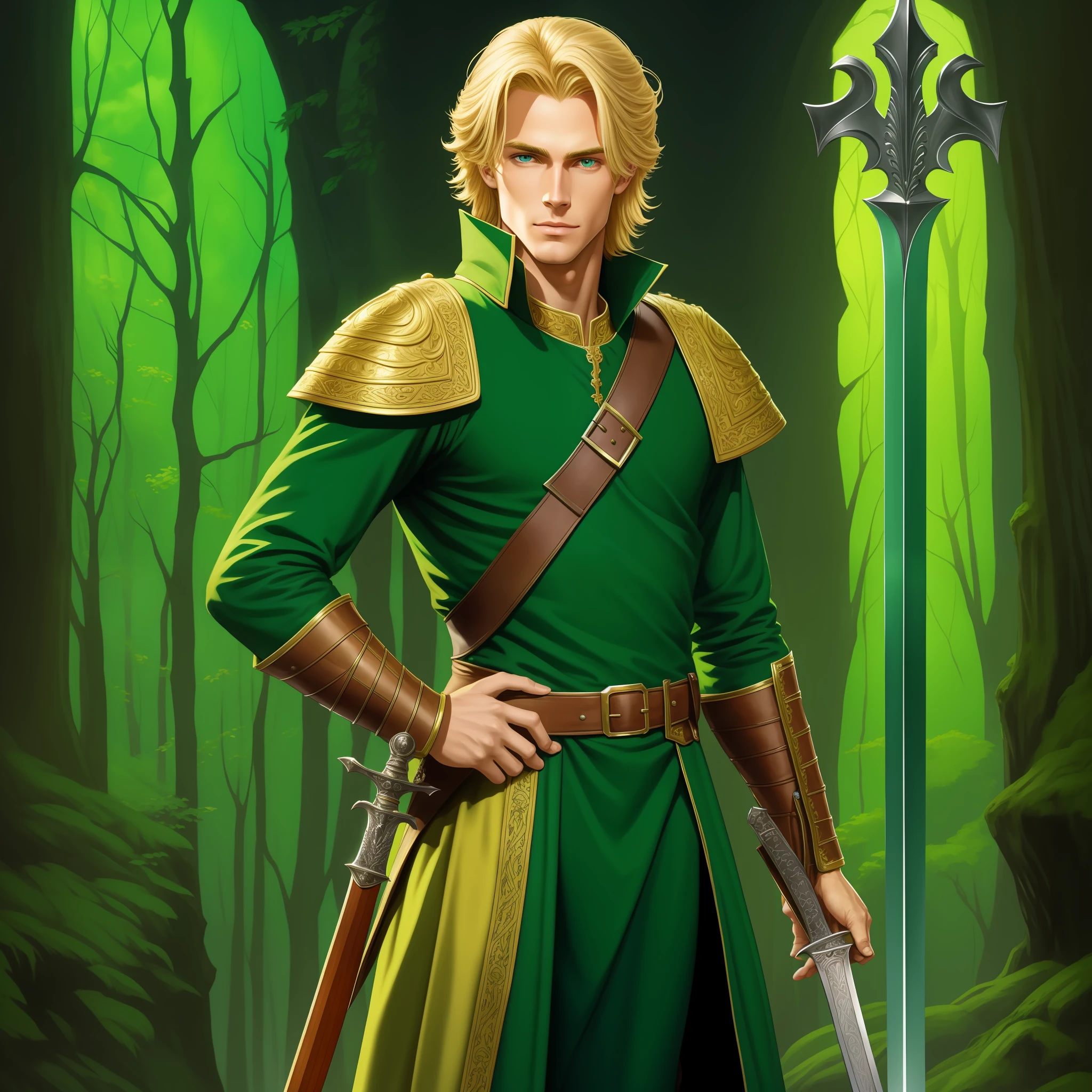 Neels Visser is a prince who has golden blonde hair, wears a moss green medieval military outfit, looking forward with piercing emerald green gaze. full body with a sword in the scabbard at the waist side, art by Greg Hildebrandt