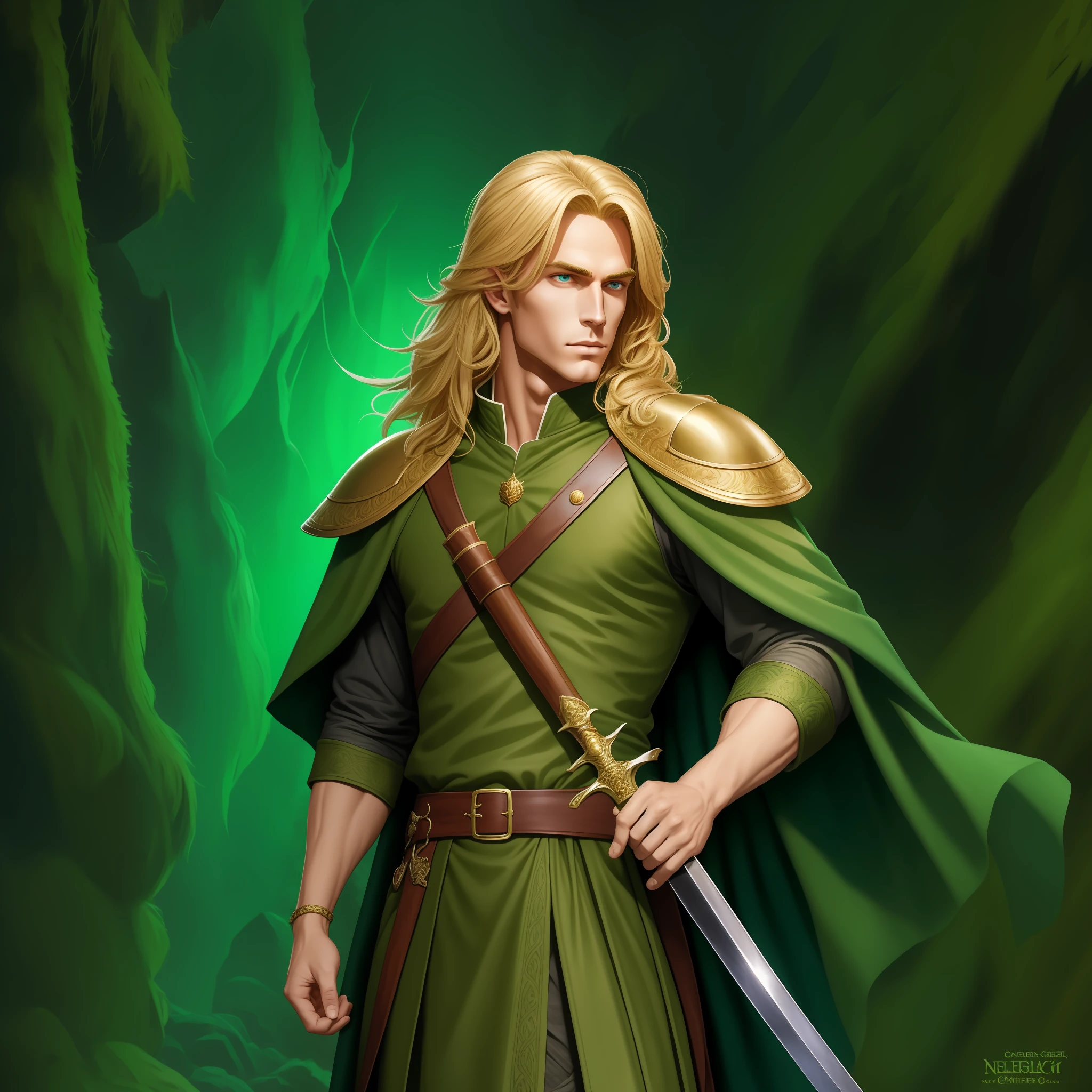 Neels Visser is a prince who has golden blonde hair, wears a moss green medieval military outfit, looking forward with piercing emerald green gaze. full body with a sword in the scabbard at the waist side, art by Greg Hildebrandt