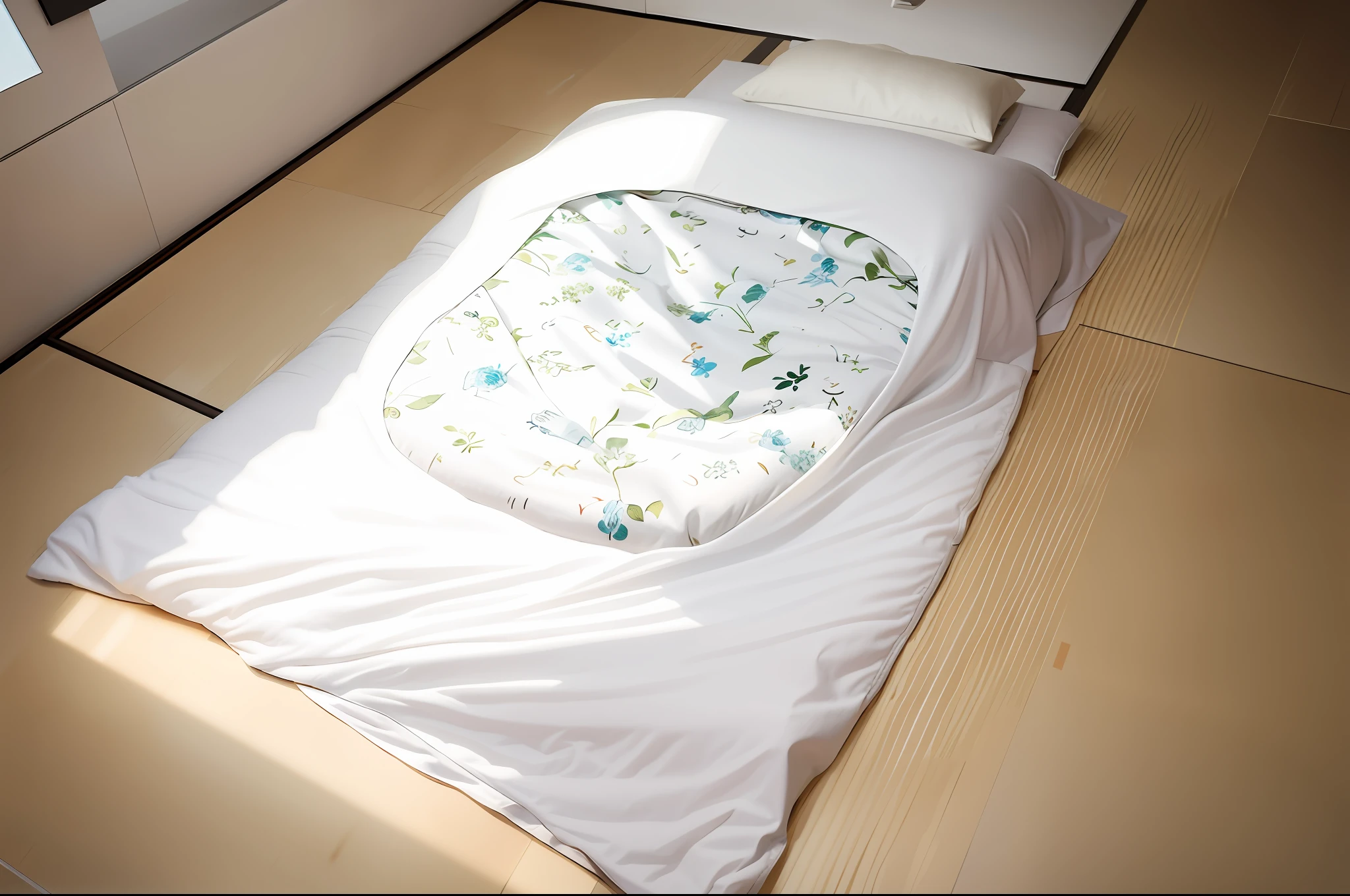 There are white pillows on the floor, white pillows, white comforters, white futons, night setting, night!!, new prints, shinhanga, sleeping bag, inspired by Katsukawa Shunsen, night, Iwakura, covered with blankets, inspired by Masamitsu Ota
