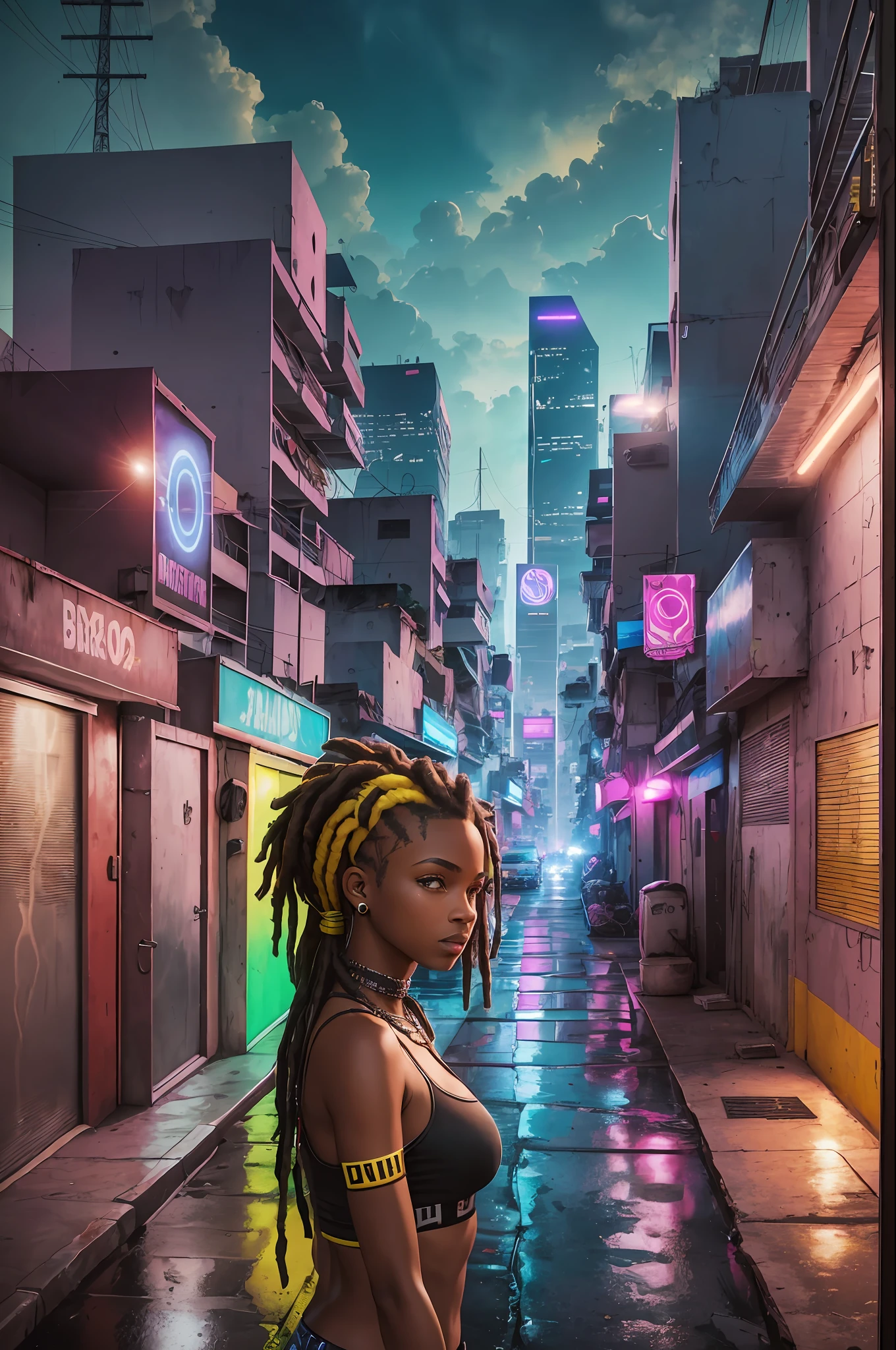 A young black dreads resident of the city of São Paulo in the future year 3567, city half high tech low life, urban style, gheto however futuristic has to be realistic as photo, poster style or movie poster, neon lights, warm colors Brazilian style of being, the photo has to beautifully compose the person with the hyperrealistic city 8k uhd max --auto --s2