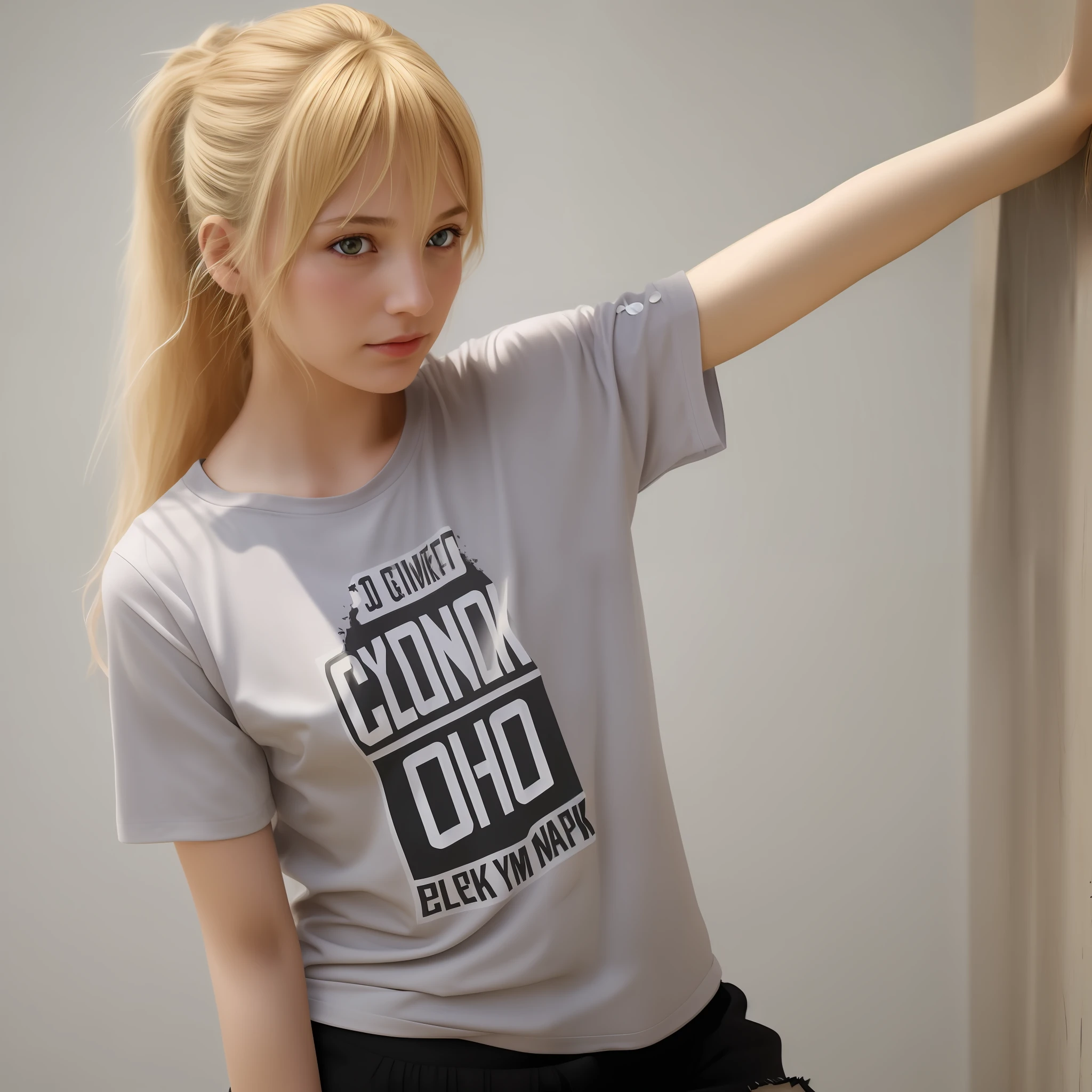 (1girl), medium breasts, tan, dewy skin, sweaty skin, wavy blonde hair, punk tshirt, punk girl