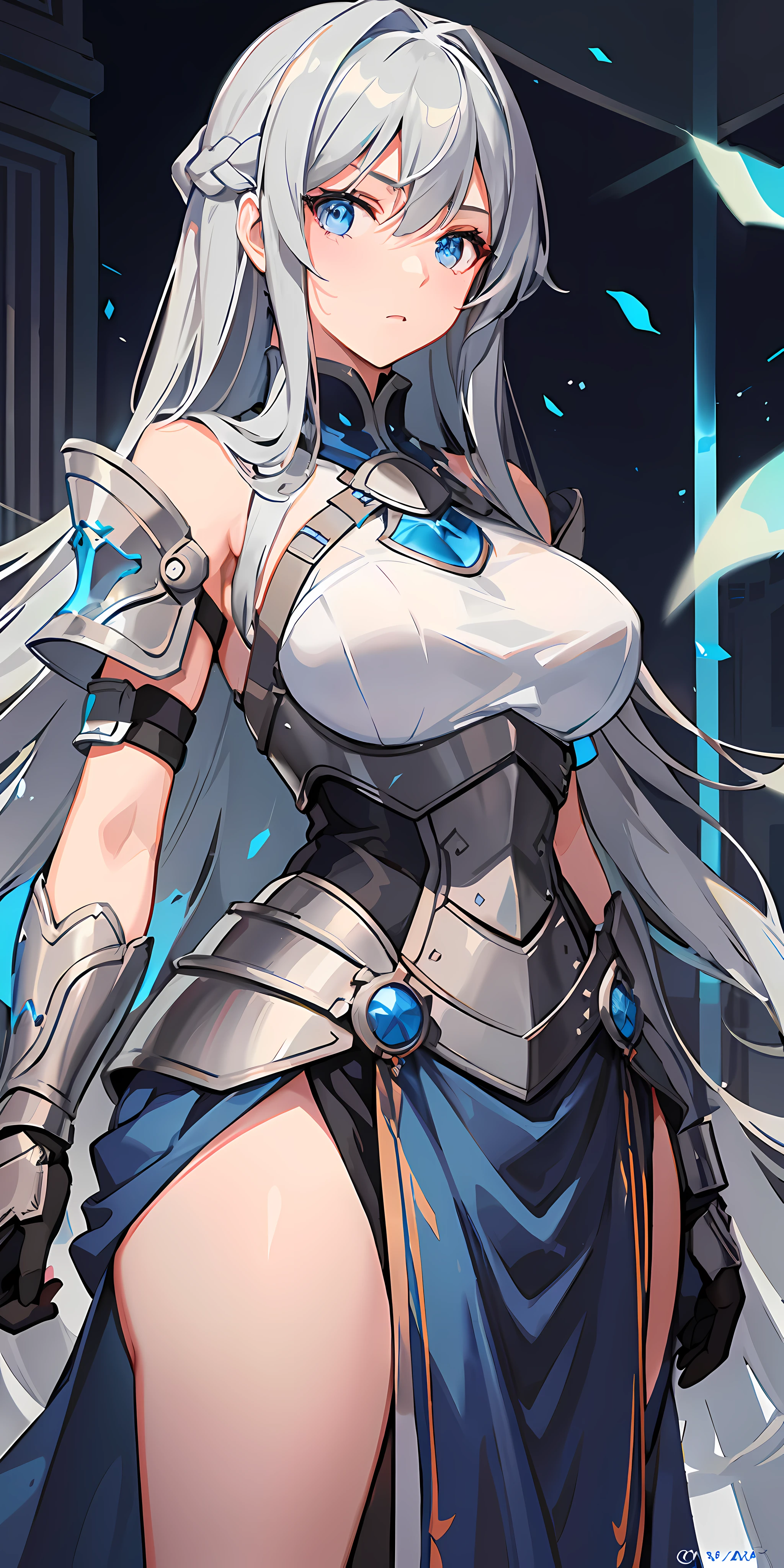 Solo, (straight long hair), strong eyes, hair color gray. She has a dignified face, her eyes are blue, her style is outstanding, her breasts are medium size, (blue clothes), (the skirt is short), (she wears armor on her chest and arms), the armor is shining steel, she has no background, her whole body is in the picture