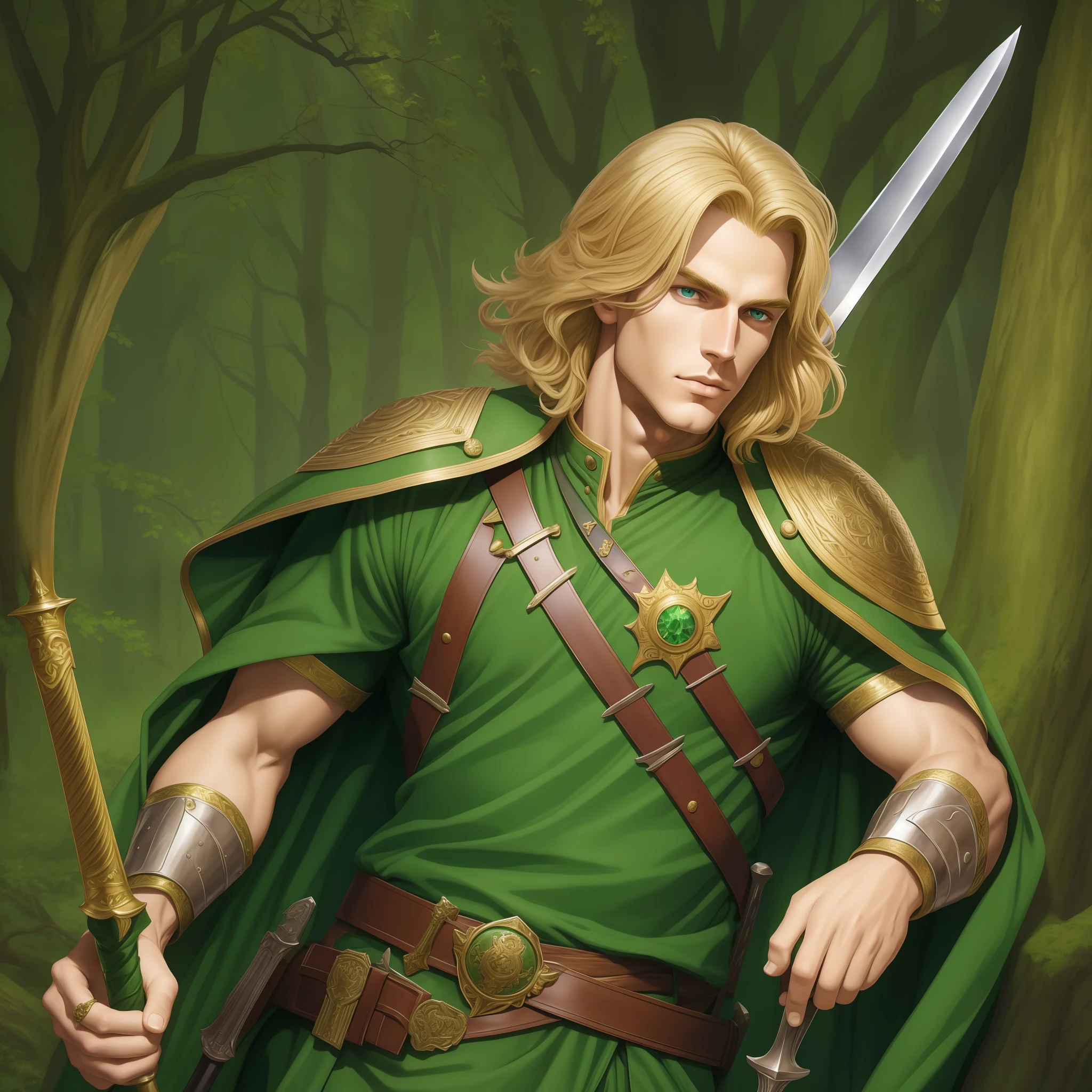 Neels Visser is a prince who has golden blonde hair, wears a moss green medieval military outfit, looking forward with piercing emerald green gaze. full body with a sword in the scabbard at the waist side, art by Greg Hildebrandt