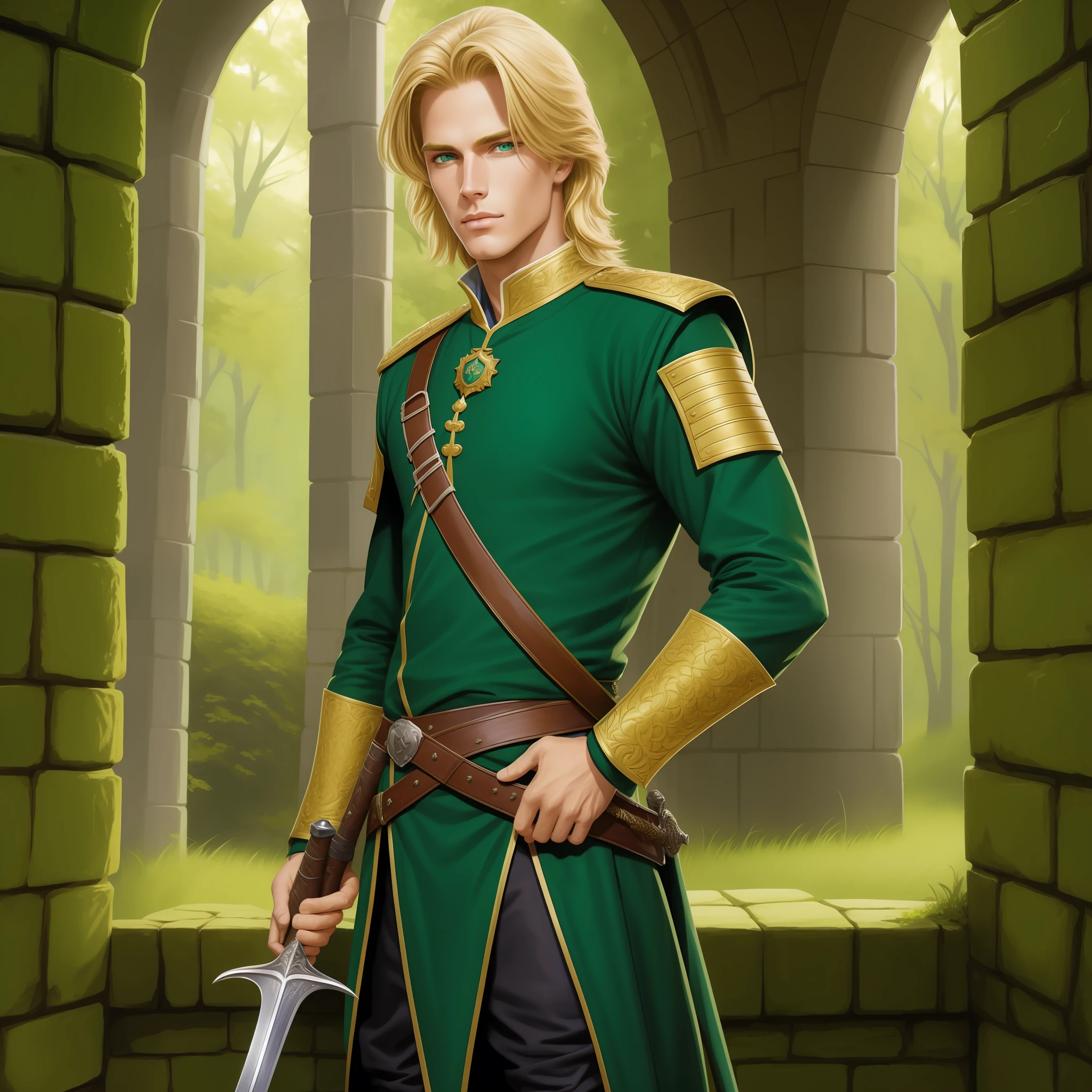 Neels Visser is a prince who has golden blonde hair, wears a moss green medieval military outfit, looking forward with piercing emerald green gaze. full body with a sword in the scabbard at the waist side, art by Greg Hildebrandt