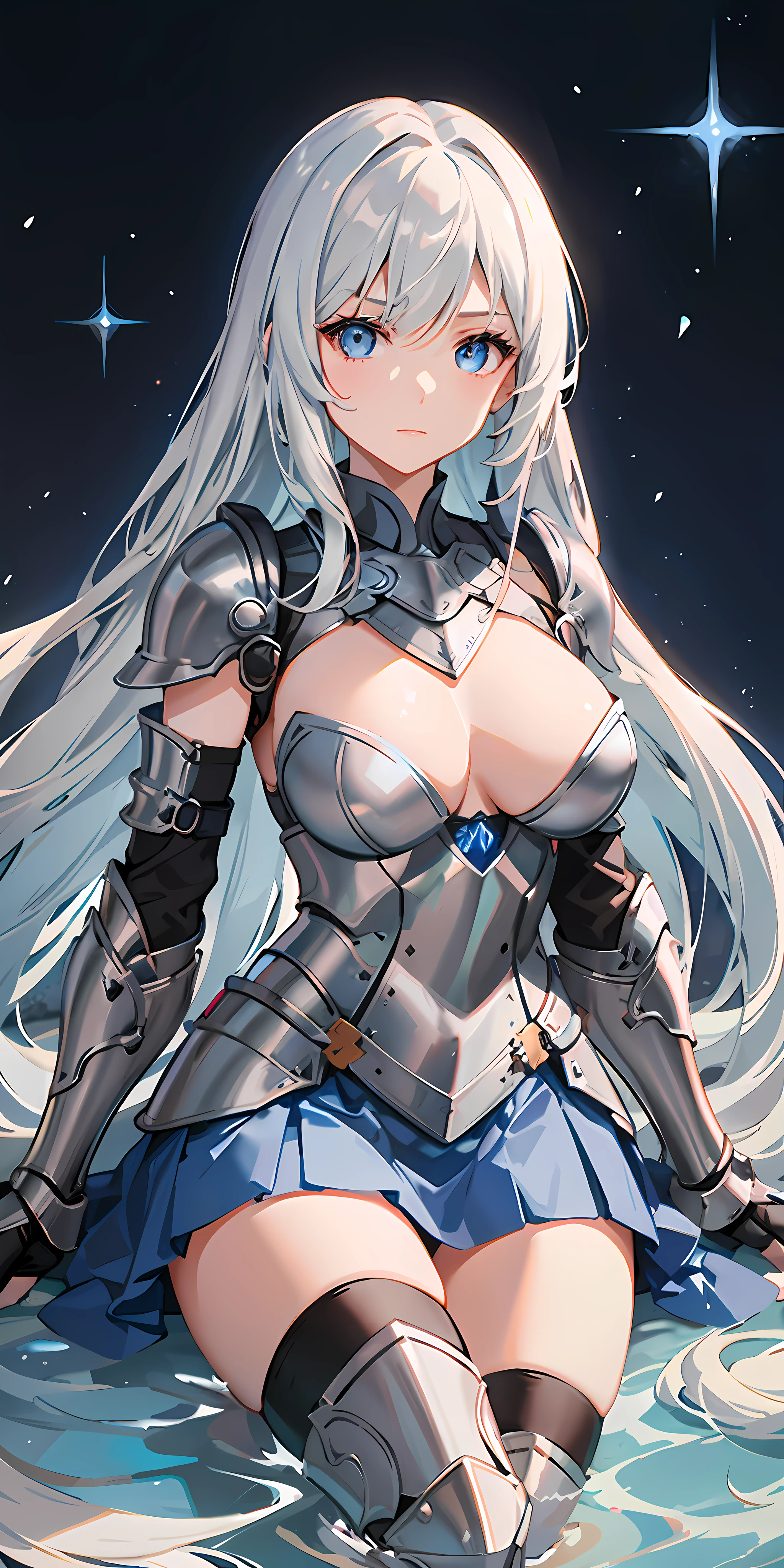 Solo, (straight long hair), strong eyes, hair color gray. She has a dignified face, blue eyes, outstanding style, breasts are medium size, (blue dress), (skirt is short), (steel breastplate), (wears armor on her arms), she has no background, full body is in the picture