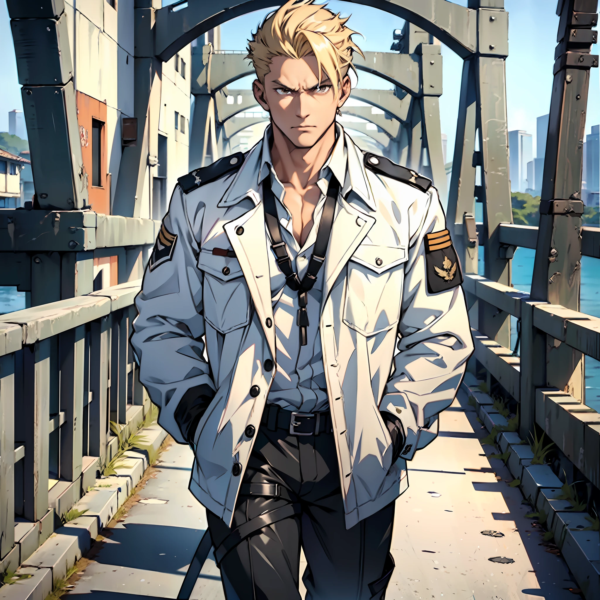 Man of good physical size, anime, white jacket, black blouse, long military pants of white color, military boots of black color, silver cord with ring, blond man, brown eyes, indifferent look, walking on an old bridge, hands in pockets.