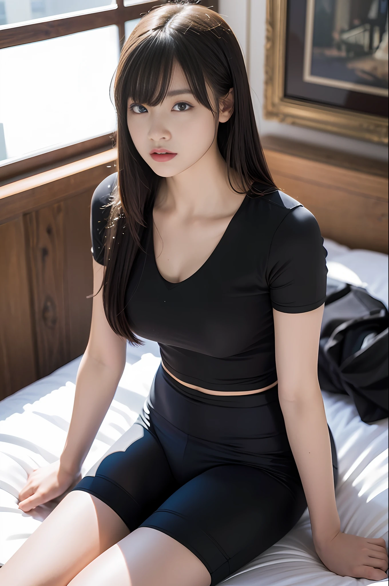 masterpiece, masterpiece, best quality, best quality, real, unity, 8k wallpaper, official art, highly detailed cg unity 8k wallpaper, ulzzang-6500, (original: 1.2), (real: 1.4), ultra detailed, high resolution, ultra detail,stunning, fine detail, cinematic lighting, ((long black spandex shorts: 1.37)), simple costumes, (8k, RAW photos, top quality, masterpiece: 1.27), (realistic, photorealistic: 1.37), one girl, cute, professional lighting, physically based rendering, handsome, masterpiece, top quality, high resolution, bed, sleeping on your back, projected from above.