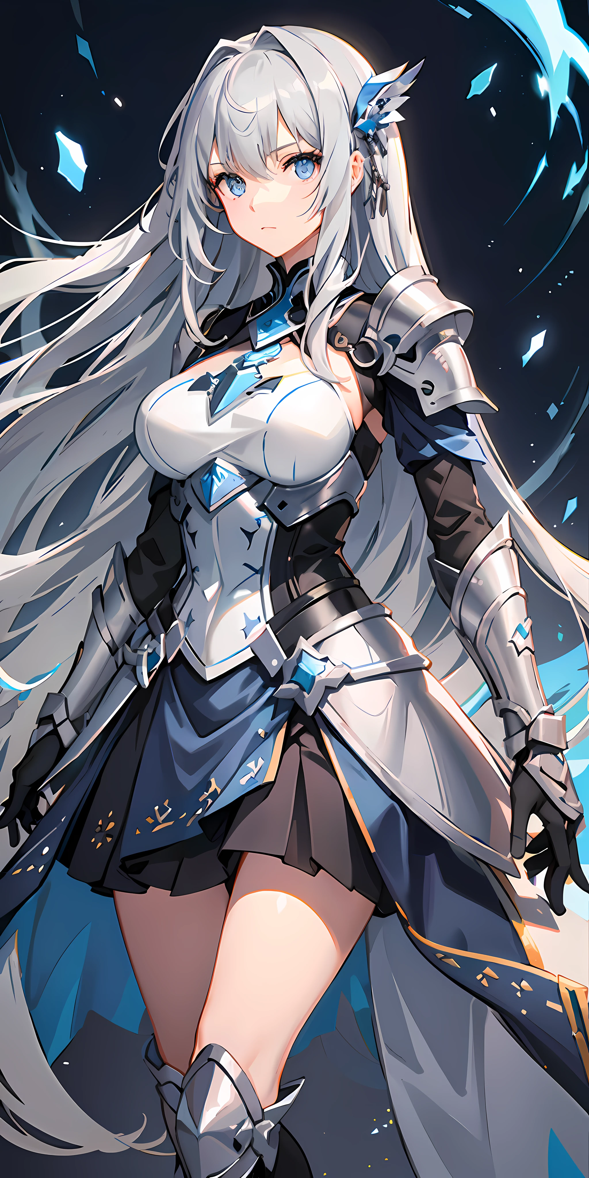Solo, (straight long hair), strong eyes, hair color gray. She has a dignified face, blue eyes, outstanding style, breasts are medium size, (blue dress), (skirt above the knee), (wearing light armor), she has no background, full body is in the picture