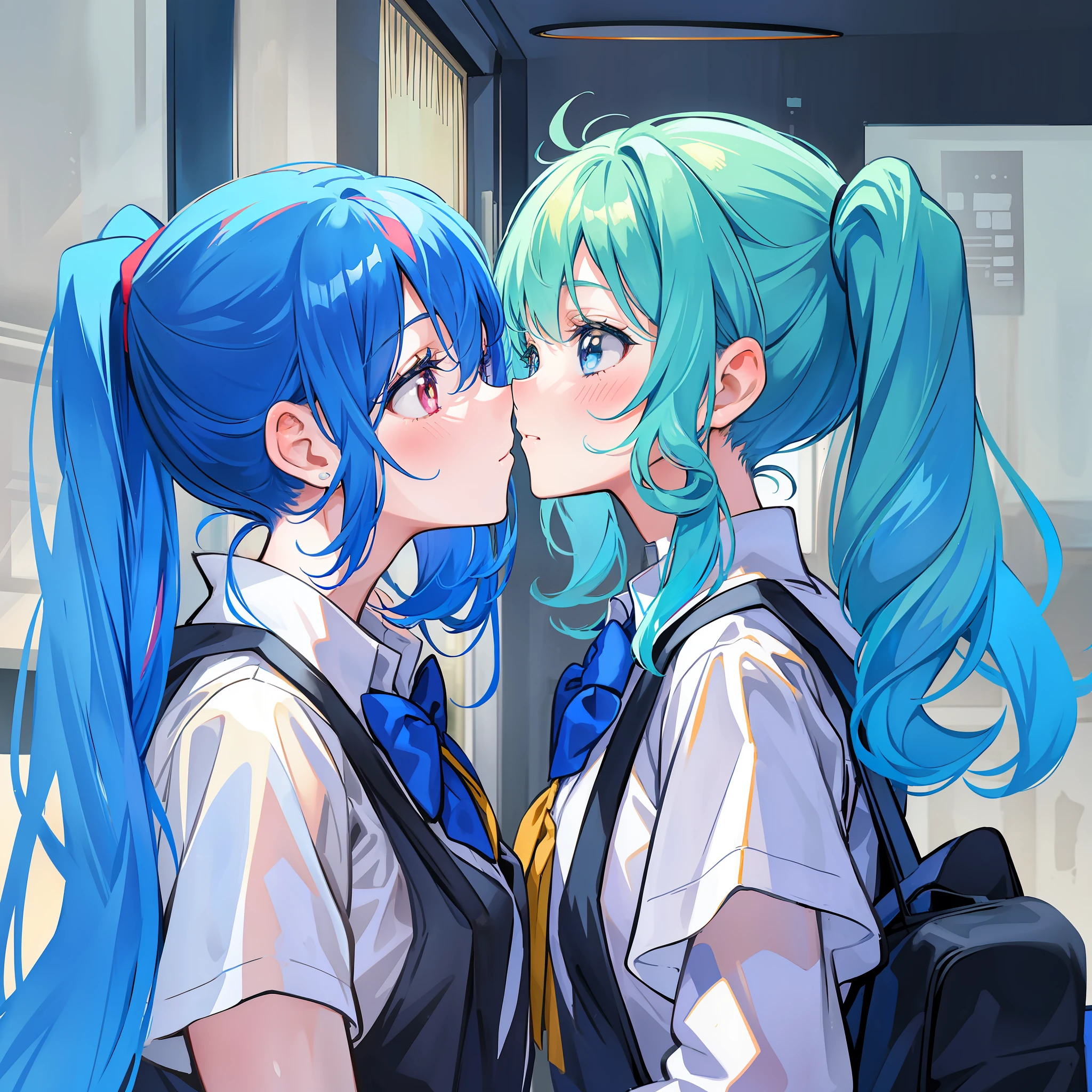 Two girls in school uniforms looked at each other and kissed, one with blue hair and golden pupils with double ponytails, the other with green hair and red pupils, with a delicate face and a shy expression, and the background was an unoccupied classroom