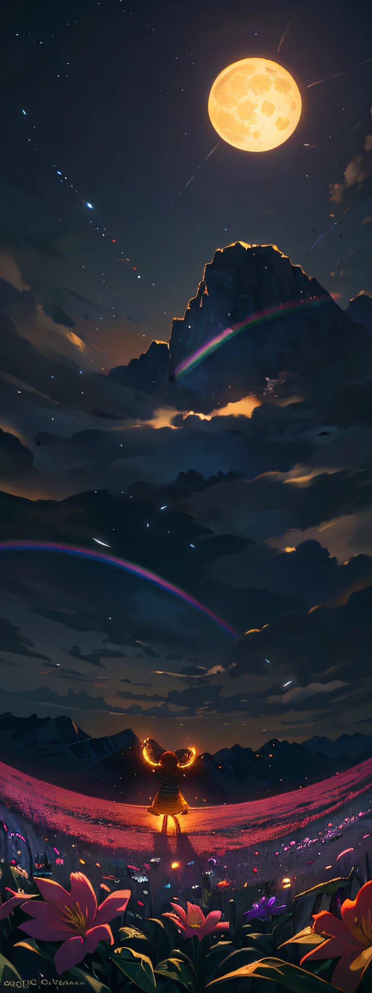 Vast landscape photo, (viewed from below, the sky is above and the open field is below), a girl standing on a flower field looking up, (full moon: 1.2), (meteor: 0.9), (nebula: 1.3), distant mountains , Trees BREAK Crafting Art, (Warm Light: 1.2), (Fireflies: 1.2), Lights, Lots of Purple and Orange, Intricate Details, Volumetric Lighting, Realism BREAK (Masterpiece: 1.2), (Best Quality), 4k, Ultra-Detailed, (Dynamic Composition: 1.4), Very Detailed, Colorful Details, (Rainbow Colors: 1.2), (Glow Lighting, Atmospheric Lighting), Dreamy, Magical, (Solo: 1.2)